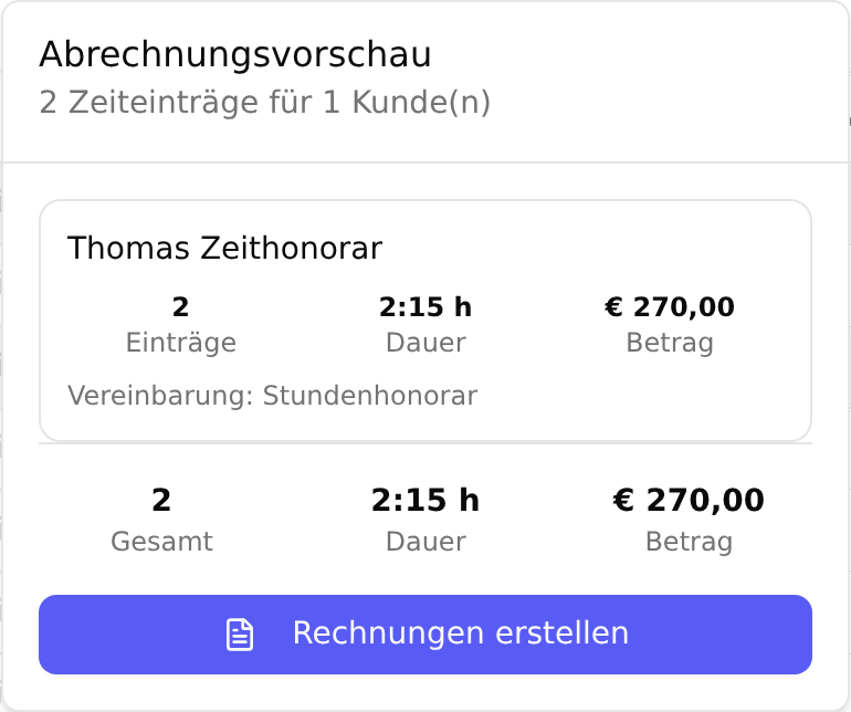 Die Abrechnungsvorschau mit Einträgen, Dauer und Betrag je Kunde und der Gesamtsumme darunter