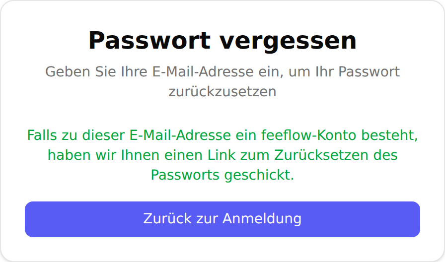 Die Karte „Passwort vergessen“ nach dem Absenden: die grüne, bewusst neutrale Bestätigung, dass ein Link zum Zurücksetzen des Passworts verschickt wurde, falls zu der Adresse ein feeflow-Konto besteht, darunter der Button „Zurück zur Anmeldung“