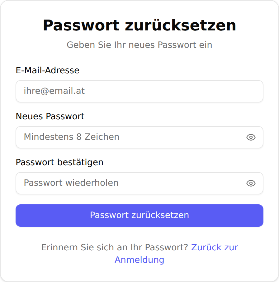 Die Karte „Passwort zurücksetzen“ mit den Feldern „E-Mail-Adresse“, „Neues Passwort“ (Platzhalter „Mindestens 8 Zeichen“) und „Passwort bestätigen“ sowie dem Button „Passwort zurücksetzen“