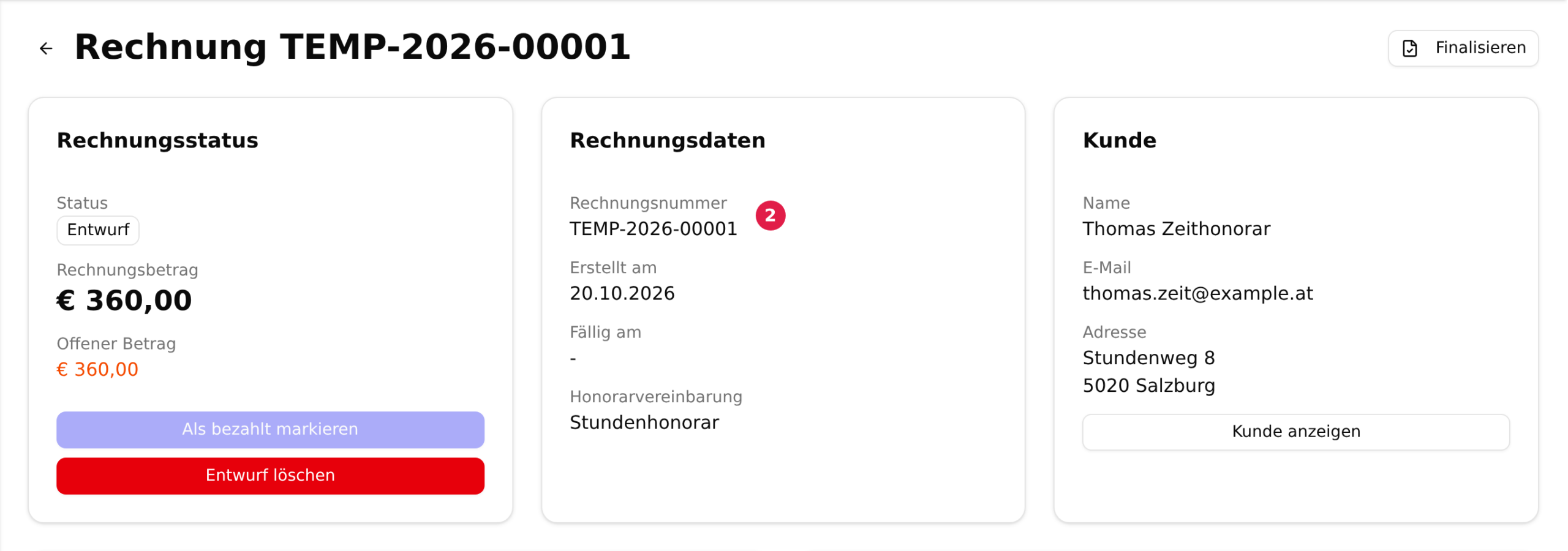 Die Detailansicht eines Rechnungsentwurfs; der Button „Finalisieren“ ist mit 1, die vorläufige TEMP-Rechnungsnummer mit 2 markiert
