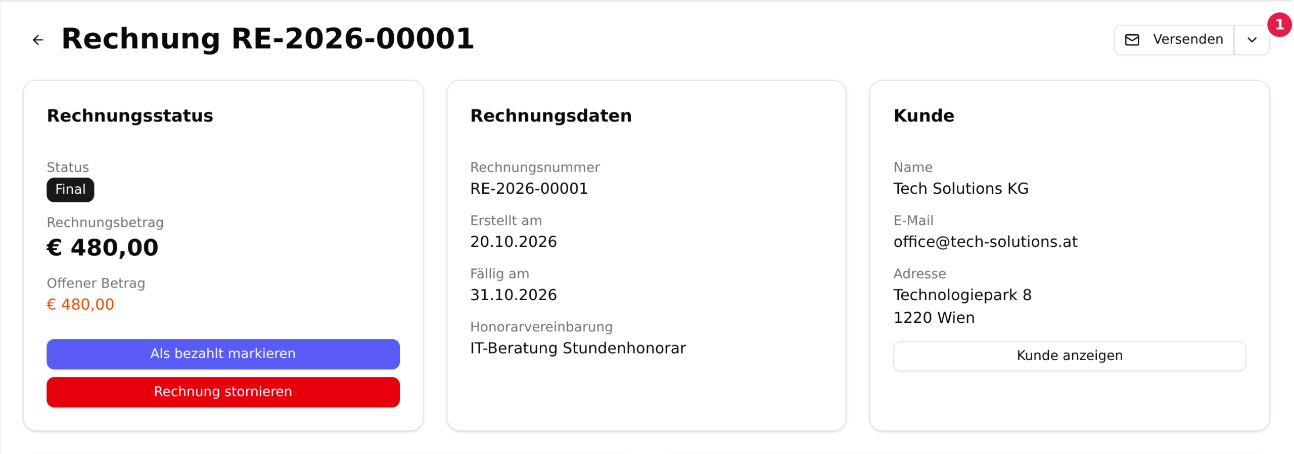 Die Detailansicht einer finalisierten Rechnung; der Button „Versenden“ ist mit einer 1 markiert