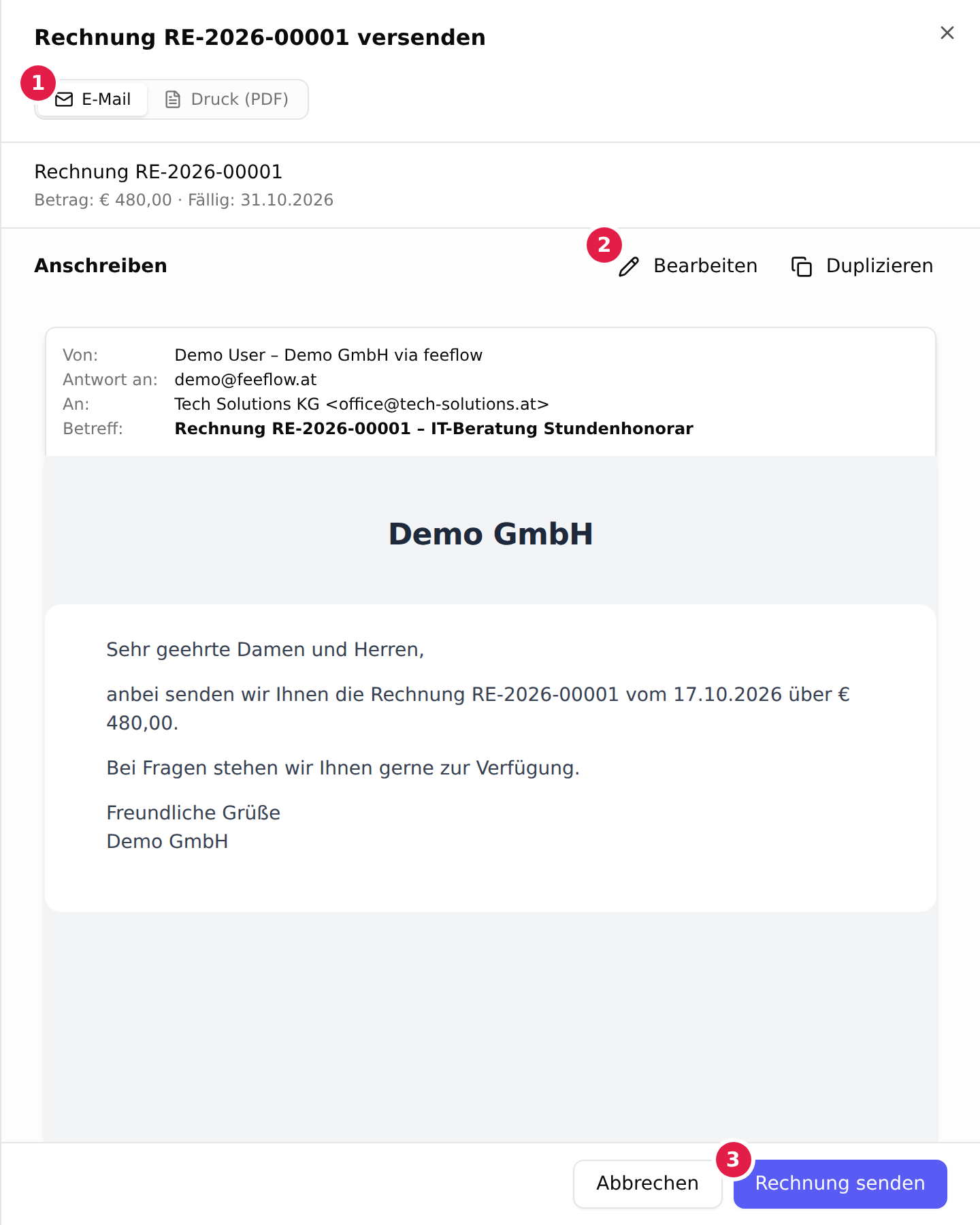 Die Versand-Vorschau mit Anschreiben und Rechnungsdokument; die Auswahl E-Mail/Druck ist mit 1, „Bearbeiten“ mit 2 und „Rechnung senden“ mit 3 markiert