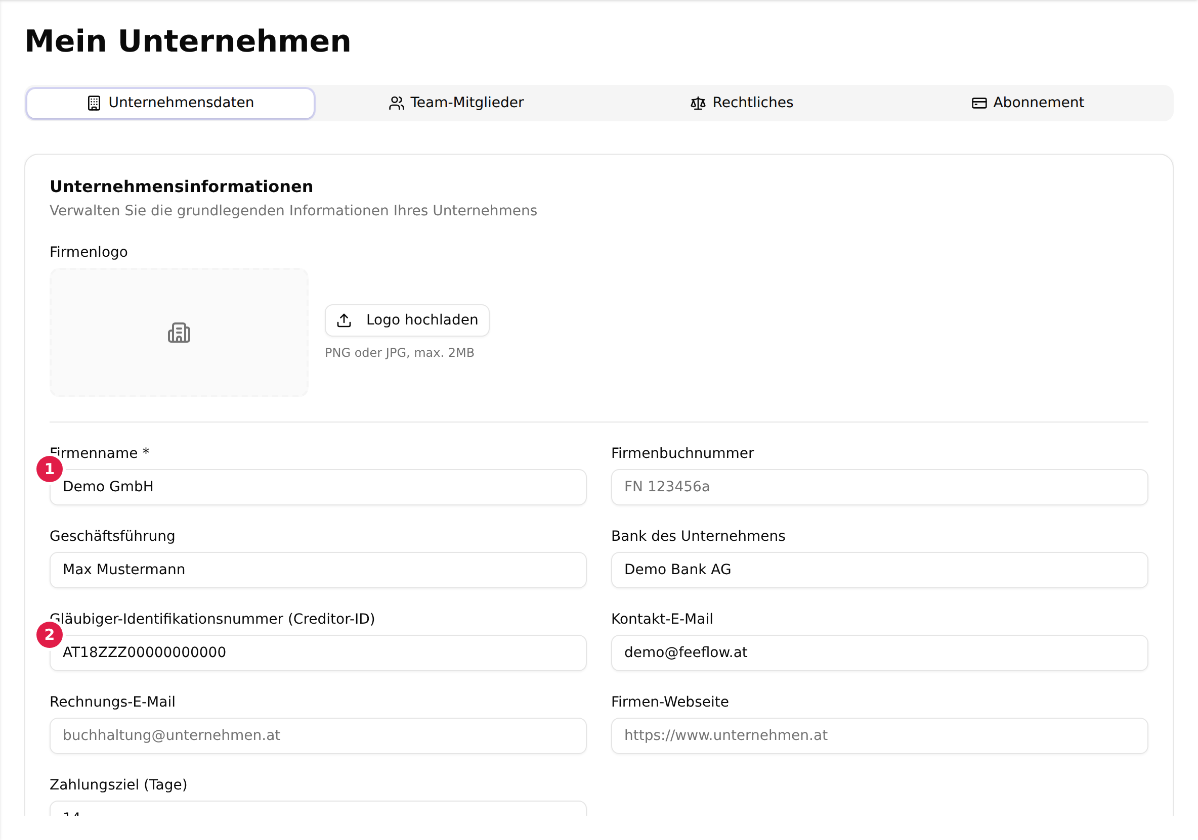 Der Reiter „Unternehmensdaten“ unter „Mein Unternehmen“; das Feld Firmenname ist mit 1, das Feld Gläubiger-Identifikationsnummer mit 2 markiert