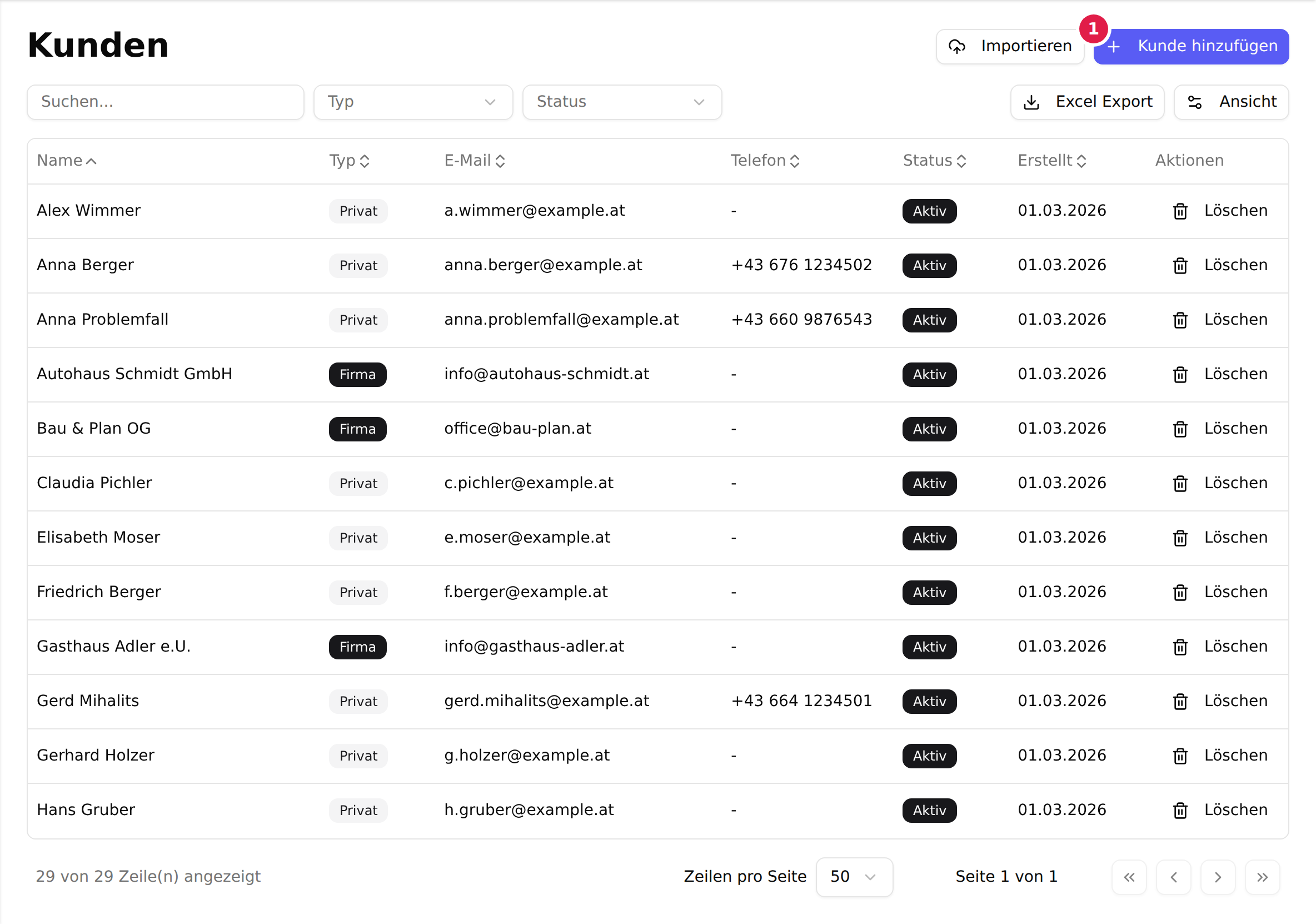 Die Kundenliste mit Spalten für Name, Typ, E-Mail, Telefon und Status; der Button „Kunde hinzufügen“ oben rechts ist mit 1 markiert