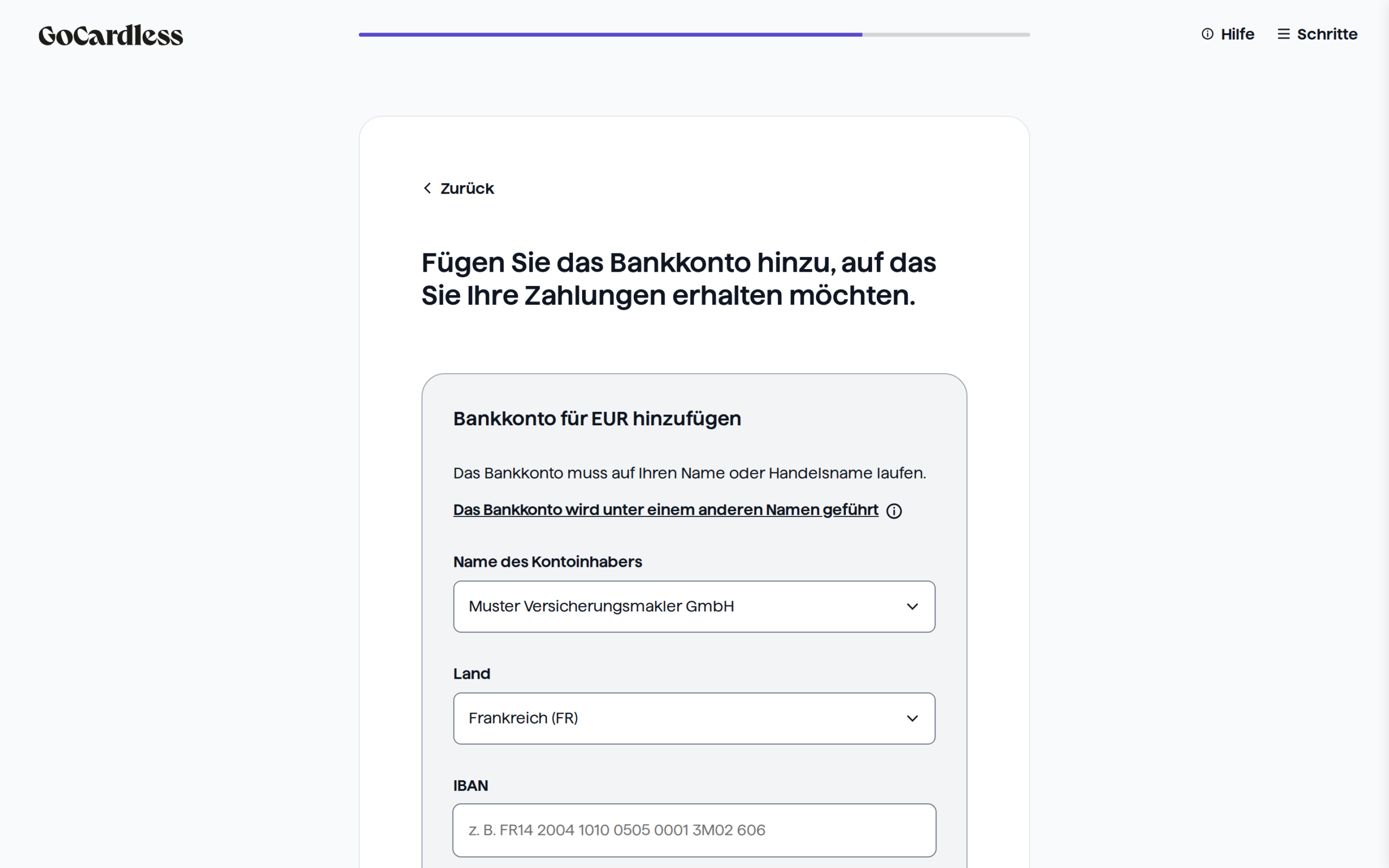 Der Schritt Bankkonto im Assistenten von GoCardless mit den Feldern Kontoinhaber, Land und IBAN für das Konto, auf das GoCardless auszahlt