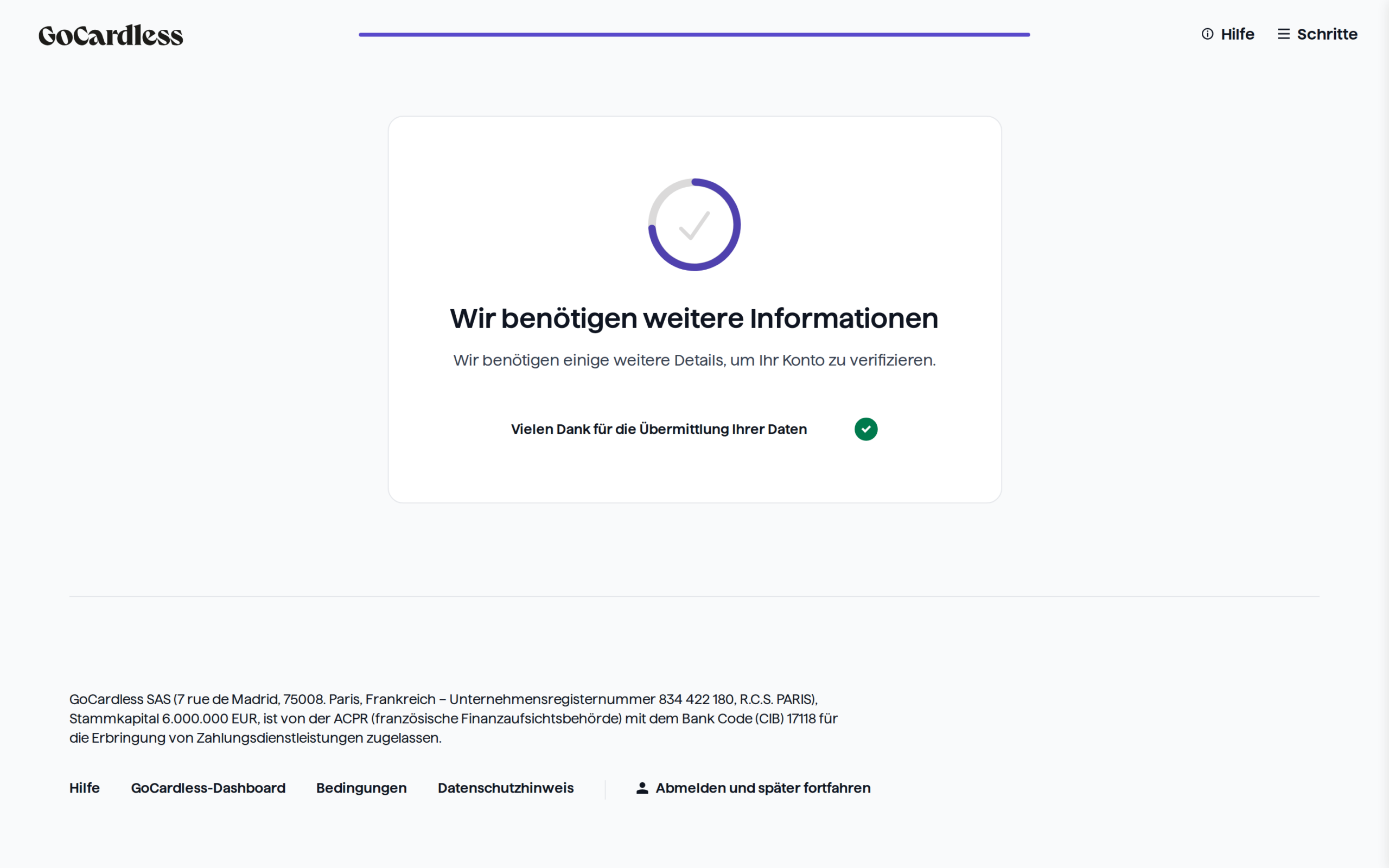 Die letzte Seite des Assistenten von GoCardless mit dem Verifizierungsstand: GoCardless braucht weitere Angaben