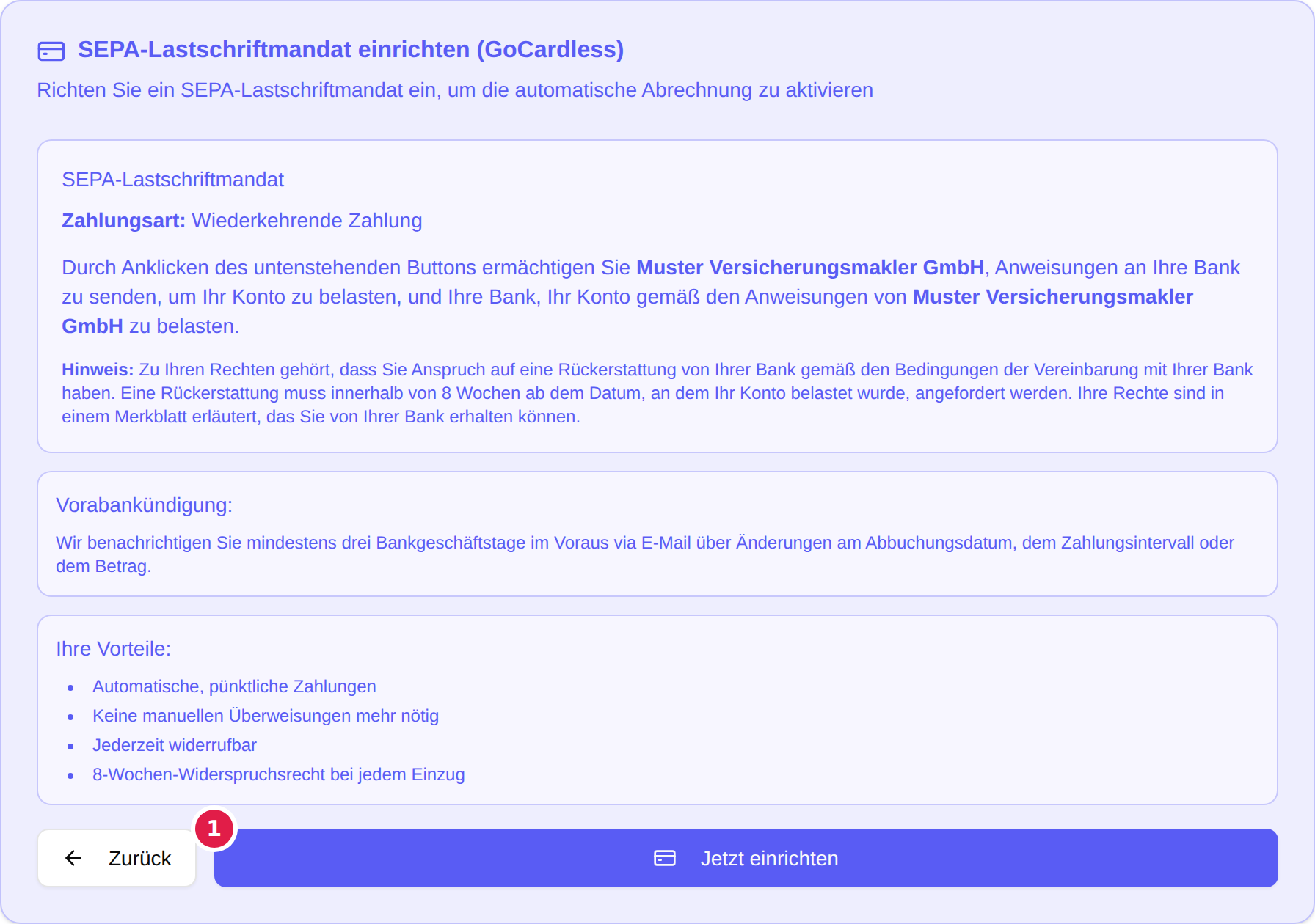 Die Karte SEPA-Lastschriftmandat einrichten (GoCardless) aus Sicht des Kunden mit dem Mandatstext, der Vorabankündigung und der mit 1 markierten Schaltfläche Jetzt einrichten