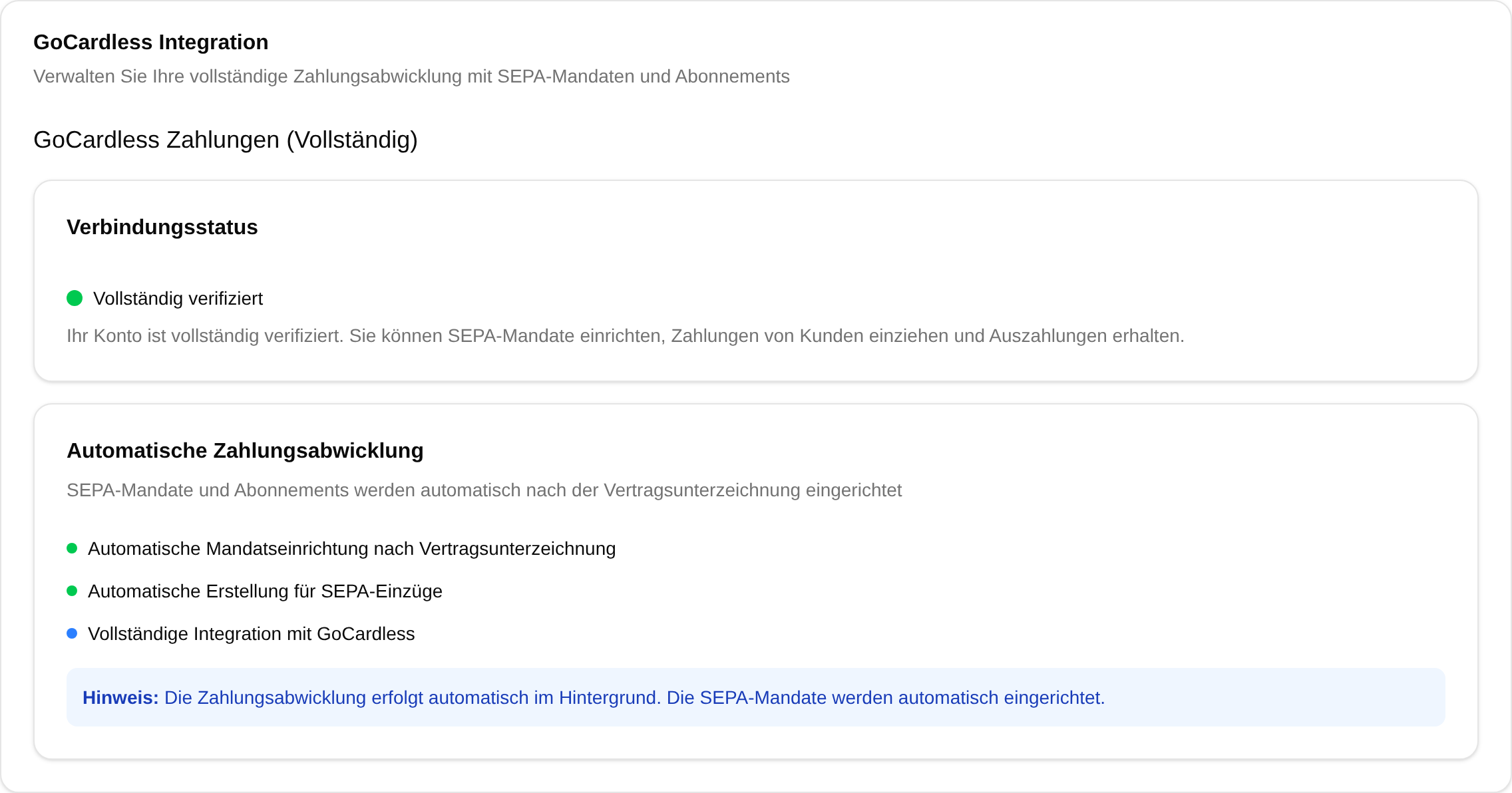 Die Karte GoCardless Integration mit dem Verbindungsstatus Vollständig verifiziert
