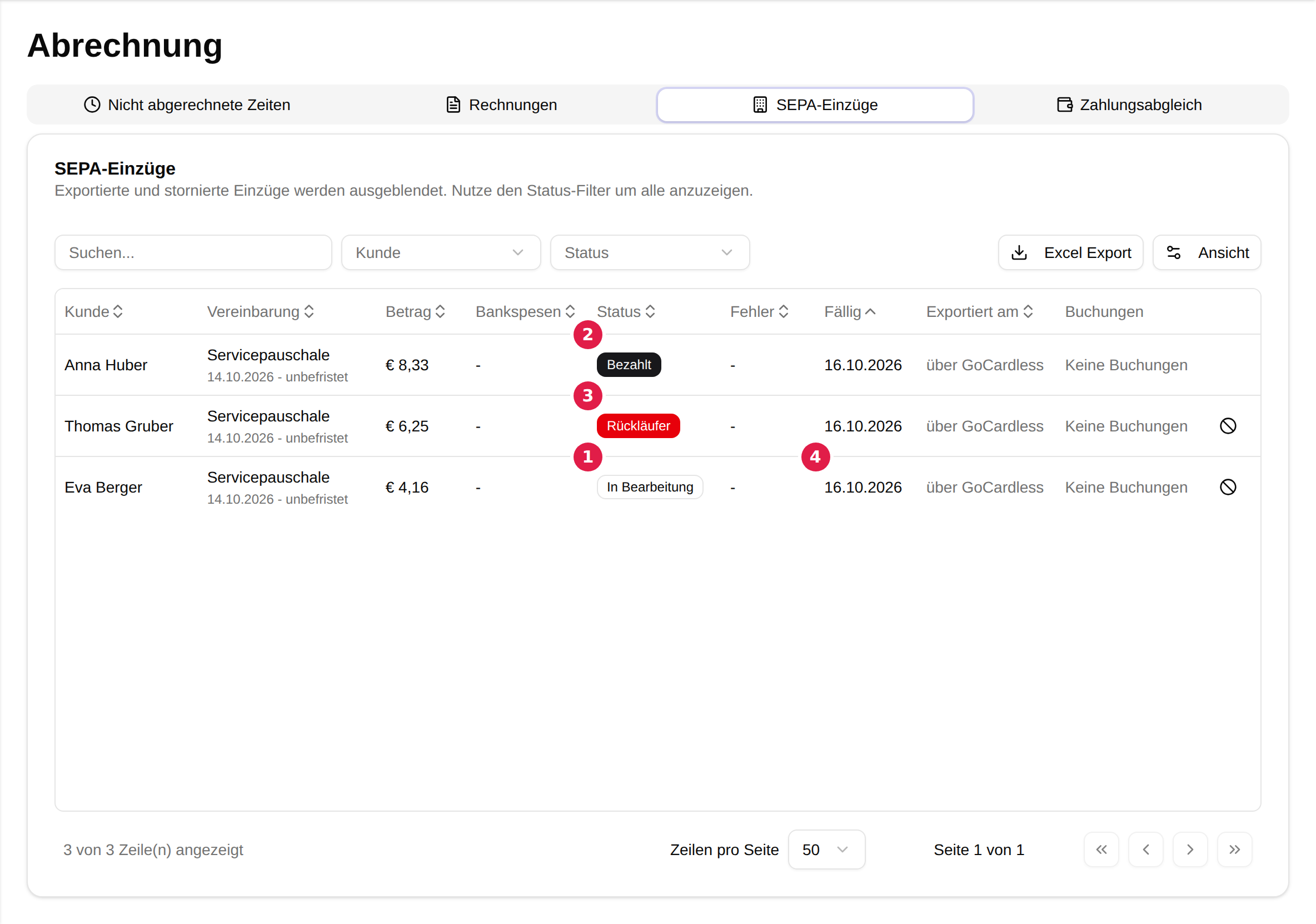 Der Reiter SEPA-Einzüge der Abrechnung mit drei Einzügen aus GoCardless: mit 1 markiert der Status In Bearbeitung, mit 2 Bezahlt, mit 3 Rückläufer, mit 4 der Abbuchungstag von GoCardless in der Spalte Fällig; unter Exportiert am steht jeweils über GoCardless