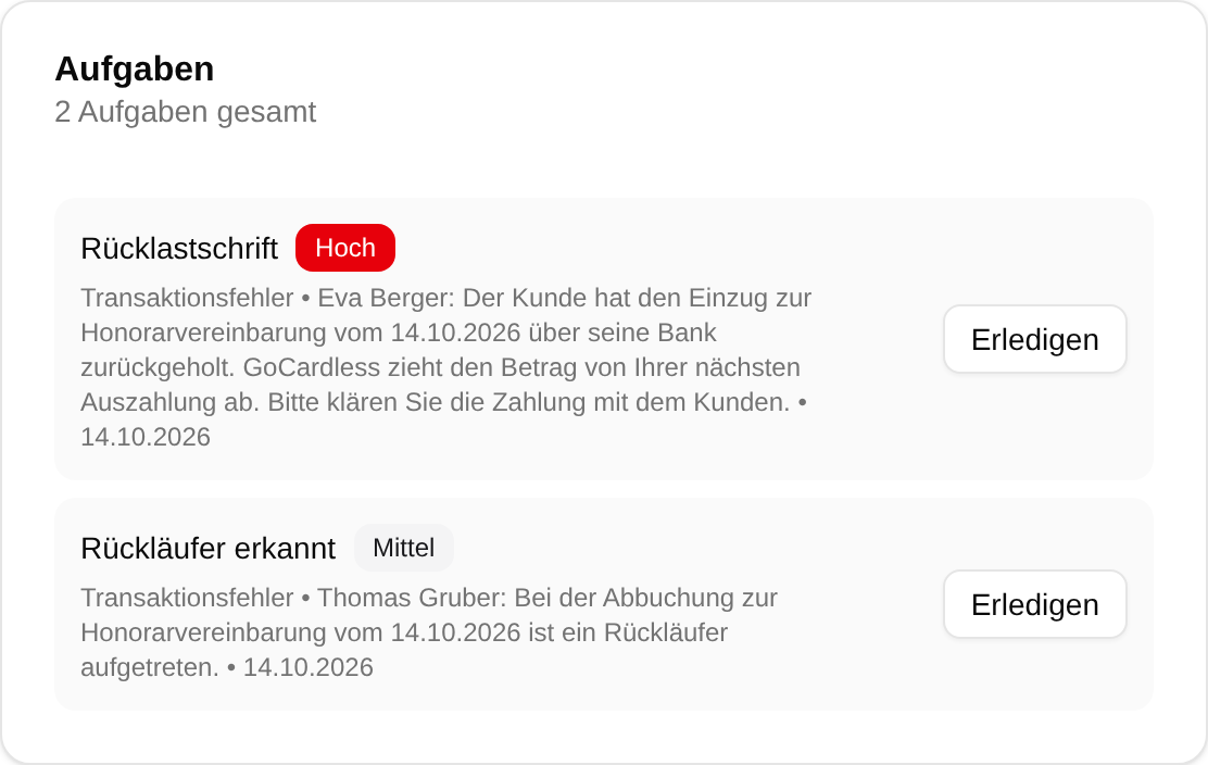 Die Karte Aufgaben im Dashboard mit den Aufgaben Rückläufer erkannt und Rücklastschrift