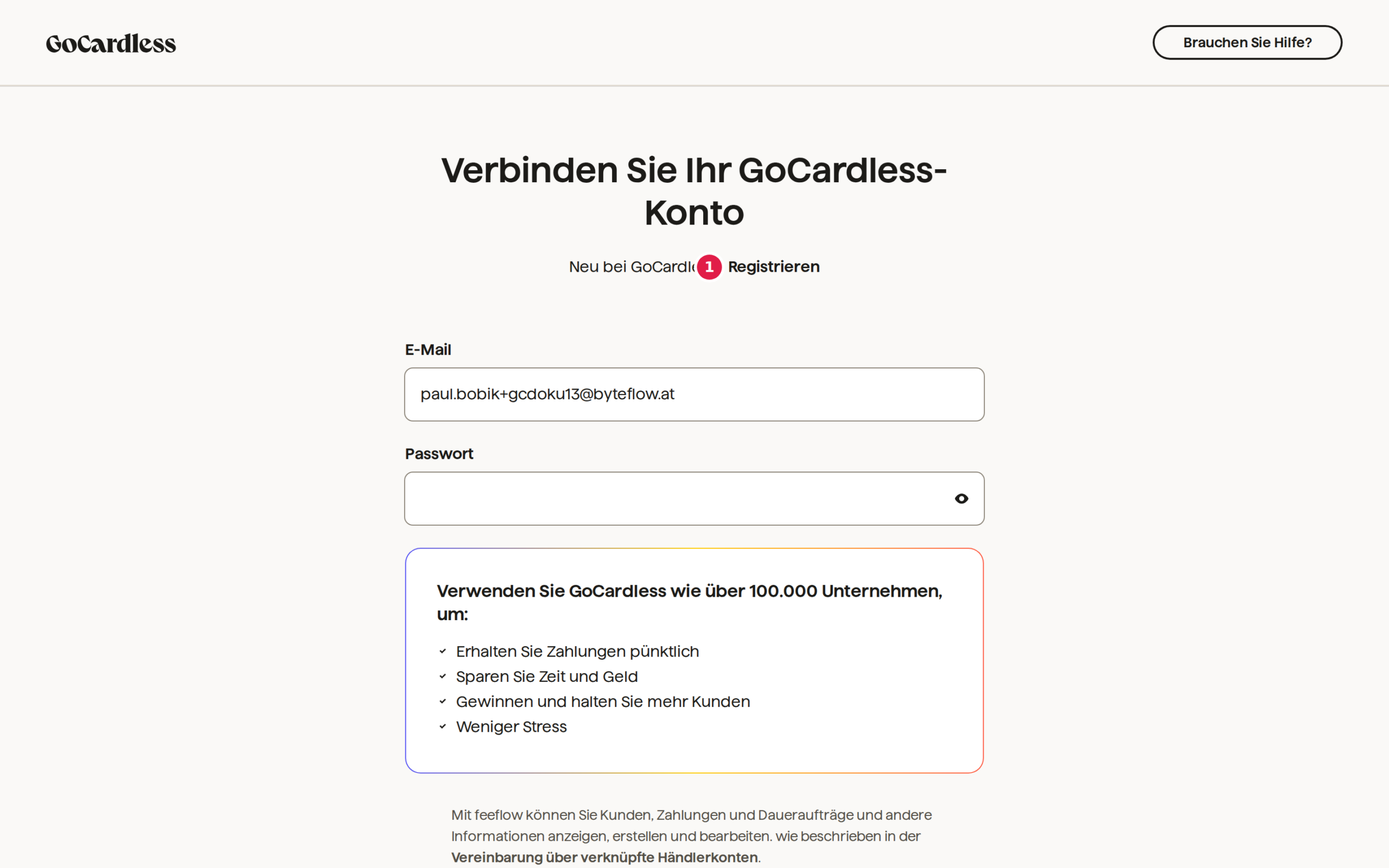 Die Anmeldeseite von GoCardless mit der von feeflow vorbefüllten E-Mail-Adresse und dem mit 1 markierten Link zur Registrierung