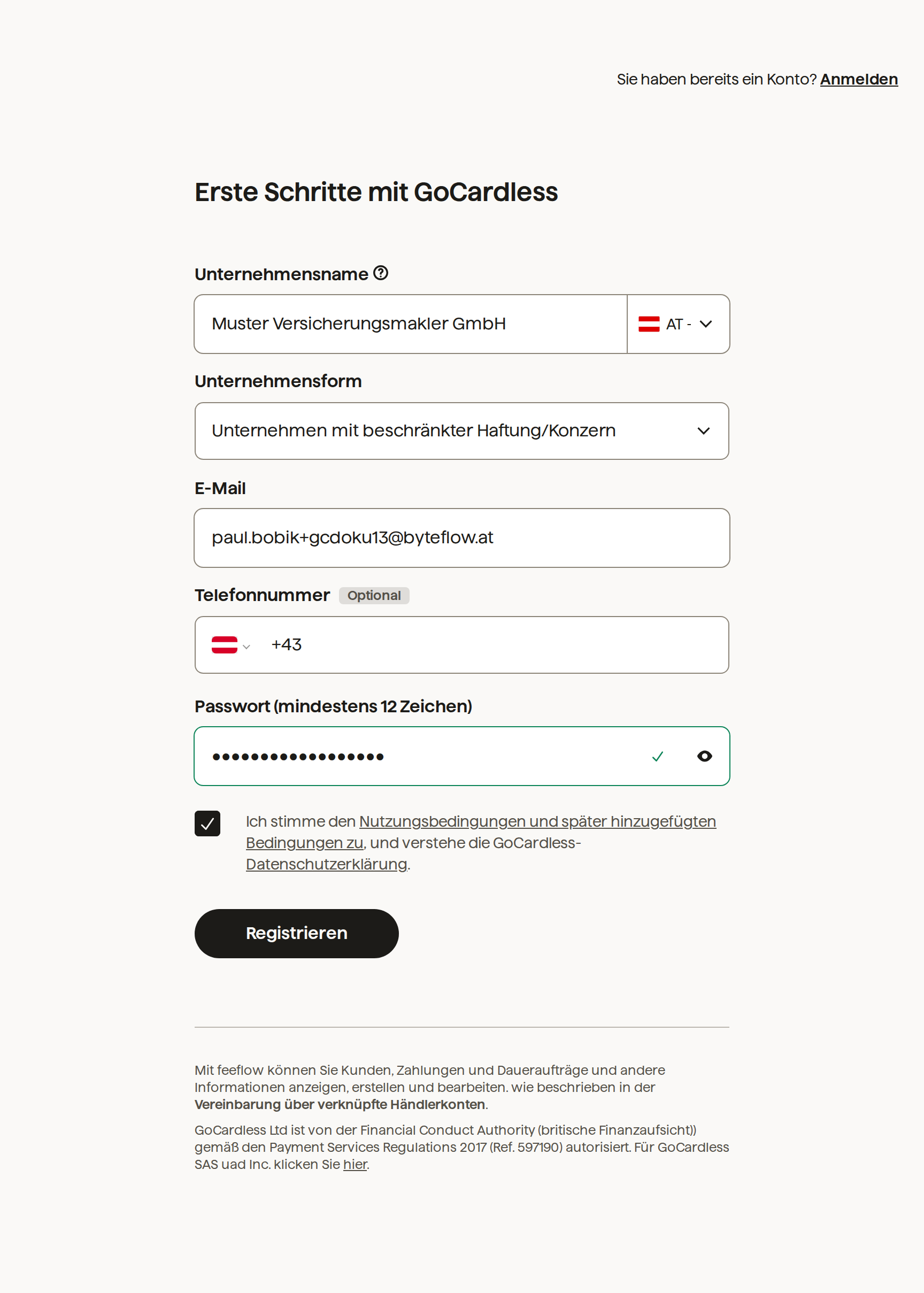 Das Registrierungsformular von GoCardless mit Unternehmensname, Land, Unternehmensform, E-Mail-Adresse, Telefonnummer, Passwort und der Zustimmung zu den Bedingungen