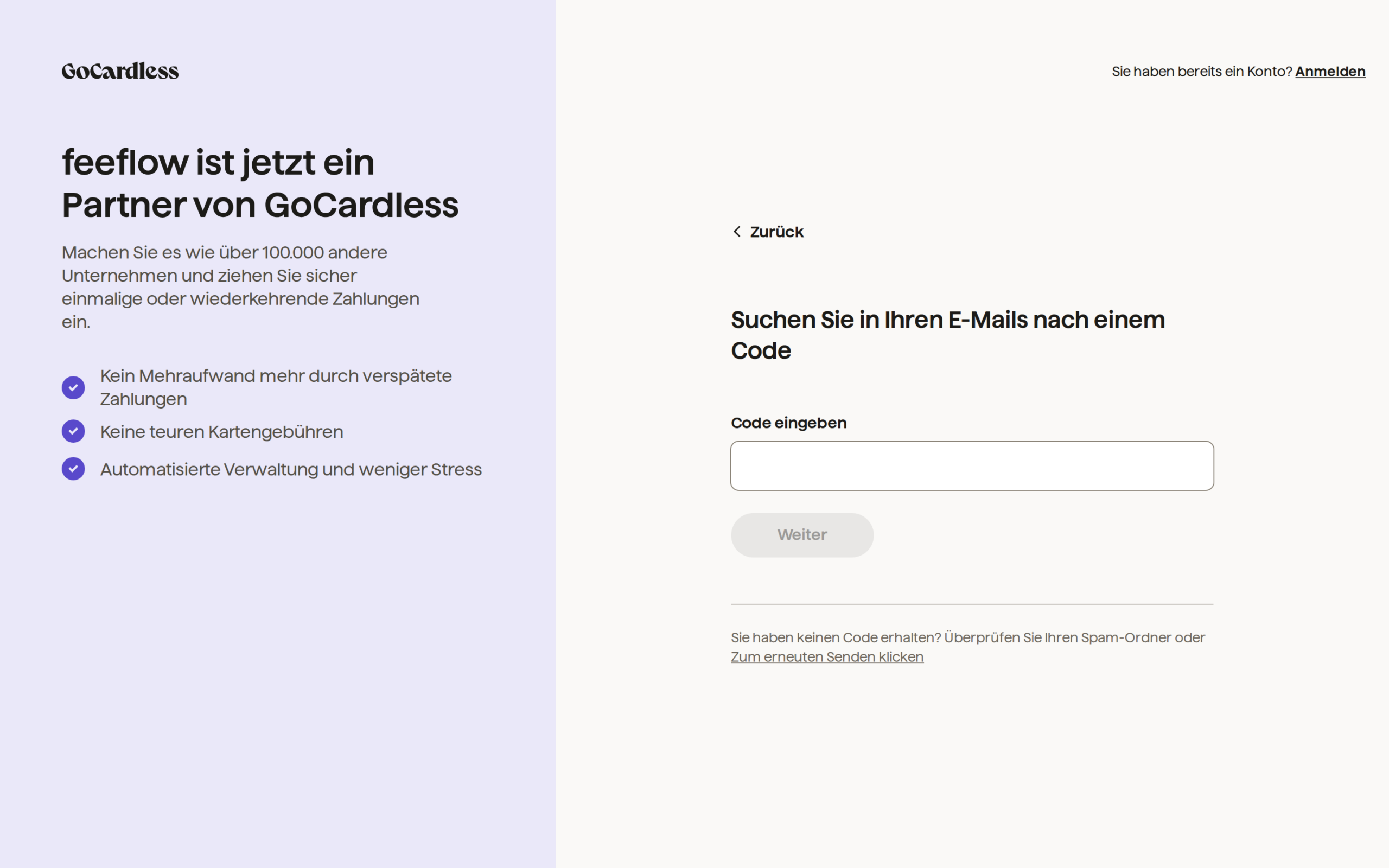 Die Seite von GoCardless, auf der der Bestätigungscode aus der E-Mail eingegeben wird