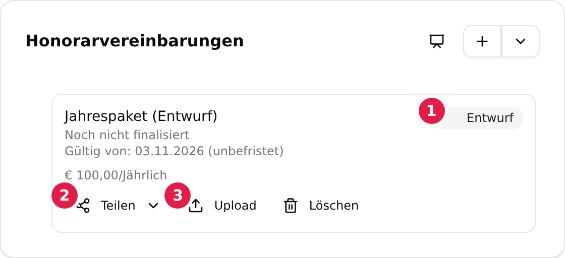 Die Karte „Honorarvereinbarungen“ mit einer Vereinbarung im Status Entwurf: mit 1 markiertes Status-Abzeichen „Entwurf“, mit 2 markierte Schaltfläche „Teilen“ und mit 3 markierte Schaltfläche „Upload“