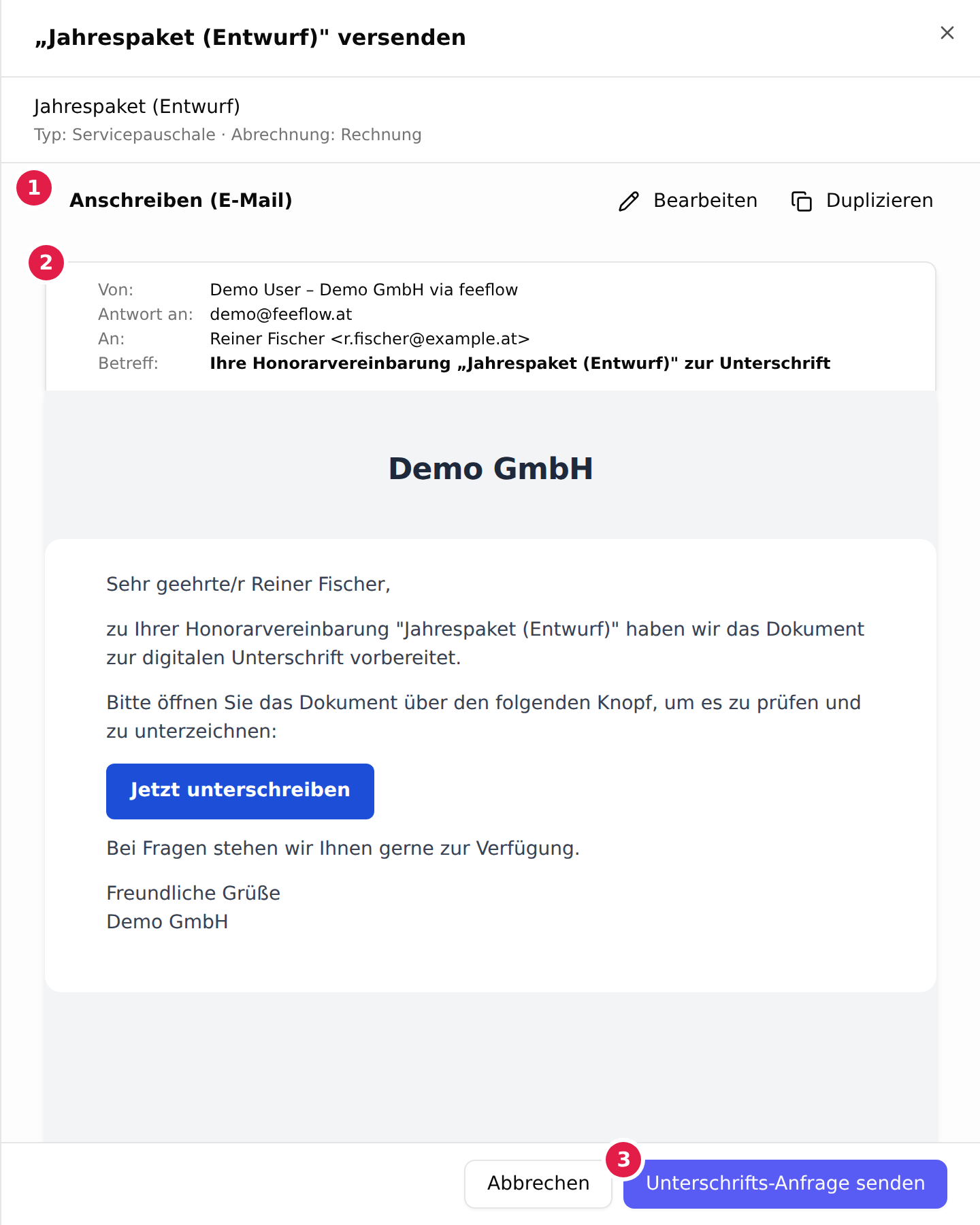 Die Versand-Vorschau der Unterschrifts-Anfrage: mit 1 markierter Abschnitt „Anschreiben (E-Mail)“, mit 2 markierte Kopfzeile mit Von, An und Betreff und mit 3 markierte Schaltfläche „Unterschrifts-Anfrage senden“