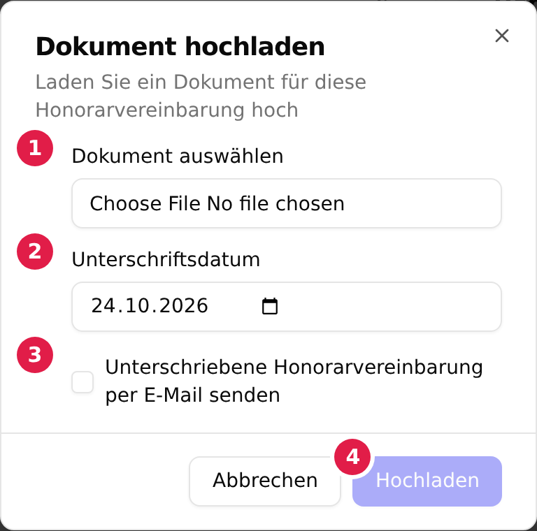 Der Dialog „Dokument hochladen“ mit der mit 1 markierten Dateiauswahl, dem mit 2 markierten Feld „Unterschriftsdatum“, dem mit 3 markierten Häkchen für den E-Mail-Versand und der mit 4 markierten Schaltfläche „Hochladen“