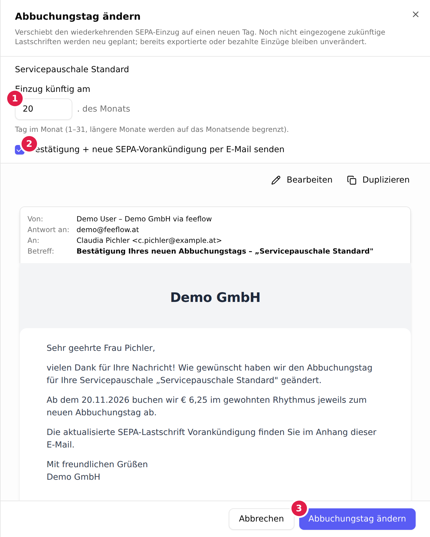 Das Fenster „Abbuchungstag ändern“ mit dem mit 1 markierten Feld „Einzug künftig am“, dem mit 2 markierten Häkchen „Bestätigung + neue SEPA-Vorankündigung per E-Mail senden“, der Vorschau der Begleitmail und der mit 3 markierten Schaltfläche „Abbuchungstag ändern“