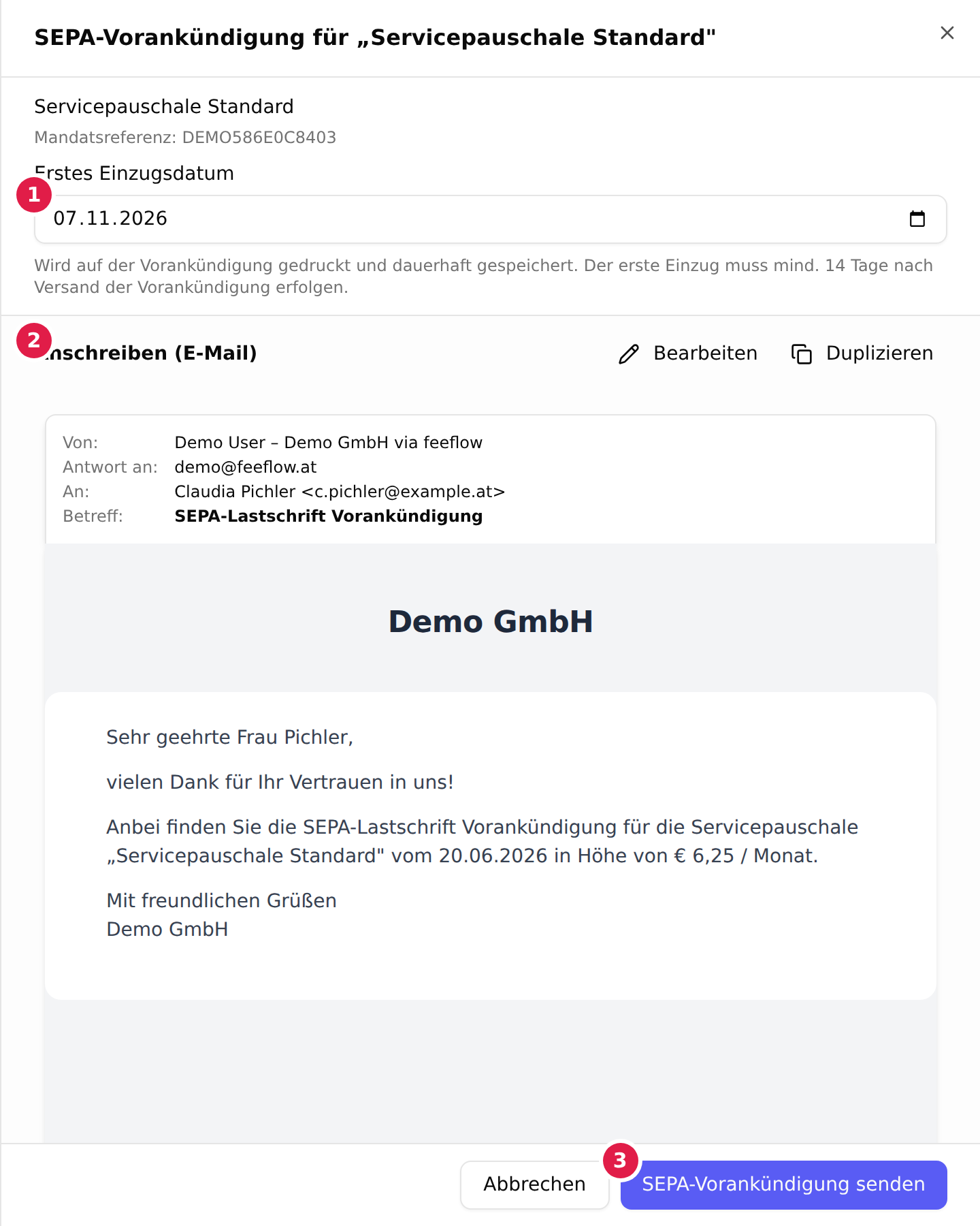 Das Versandfenster der SEPA-Vorankündigung mit dem mit 1 markierten Feld „Erstes Einzugsdatum“, der mit 2 markierten Vorschau-Sektion „Anschreiben (E-Mail)“ und der mit 3 markierten Schaltfläche „SEPA-Vorankündigung senden“