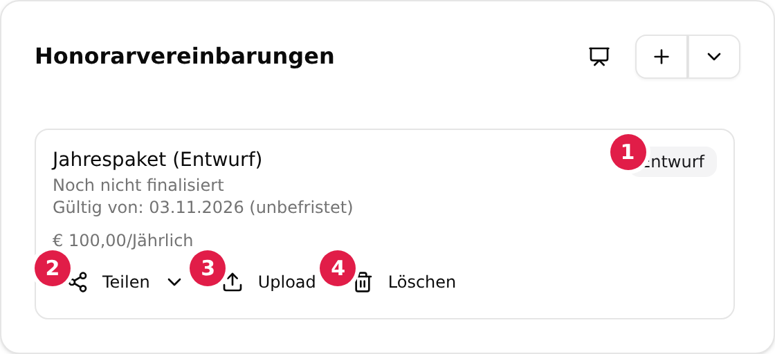 Die Karte „Honorarvereinbarungen“ mit einer Vereinbarung im Status Entwurf: mit 1 markiertes Status-Kennzeichen „Entwurf“ und die mit 2 bis 4 markierten Schaltflächen „Teilen“, „Upload“ und „Löschen“