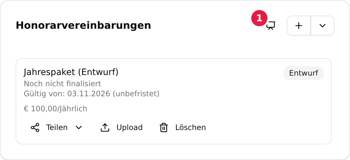 Die Karte „Honorarvereinbarungen“ auf dem Kundenblatt, das Präsentations-Symbol mit einer 1 markiert