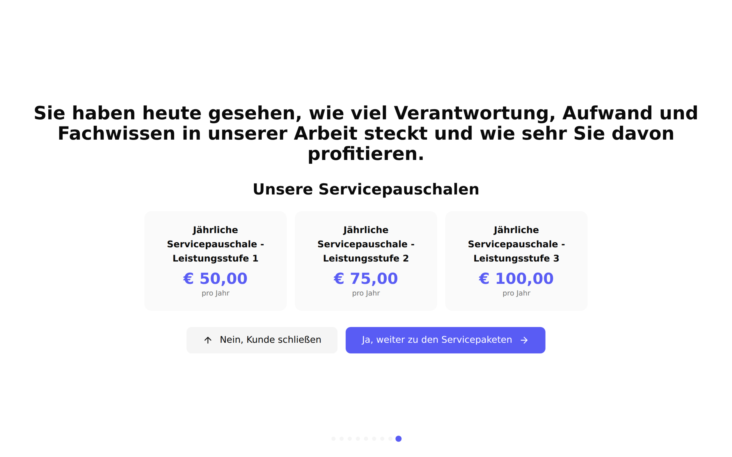 Die Abschlussfolie mit den Servicepauschalen des Unternehmens und den beiden Schaltflächen