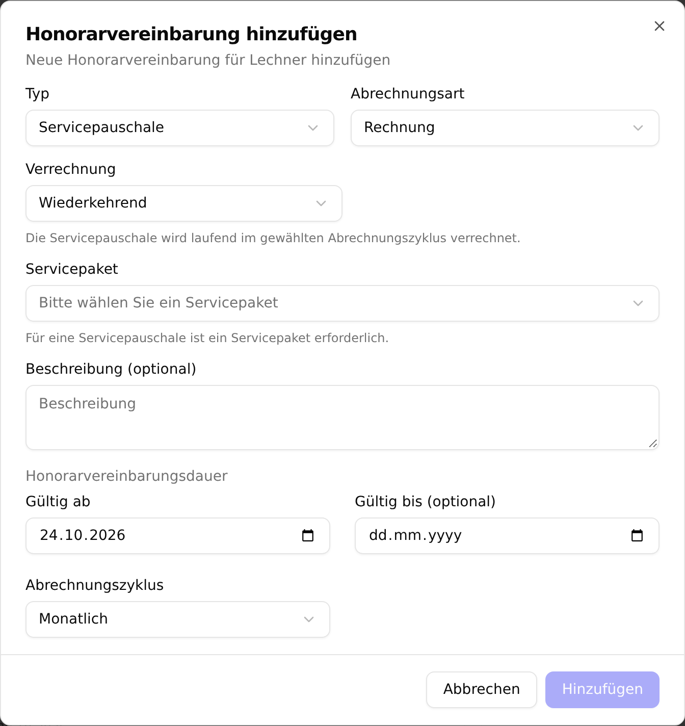 Derselbe Dialog nach dem Umstellen auf den Typ „Servicepauschale“: zusätzlich erscheinen Abrechnungsart, Servicepaket mit dem Hinweis auf die Pflichtangabe und der Abrechnungszyklus