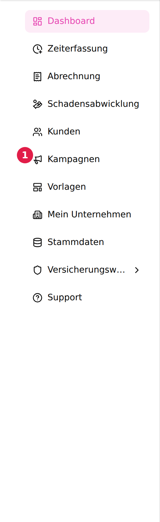 Der Menüpunkt Kampagnen in der Hauptnavigation, mit einer 1 markiert