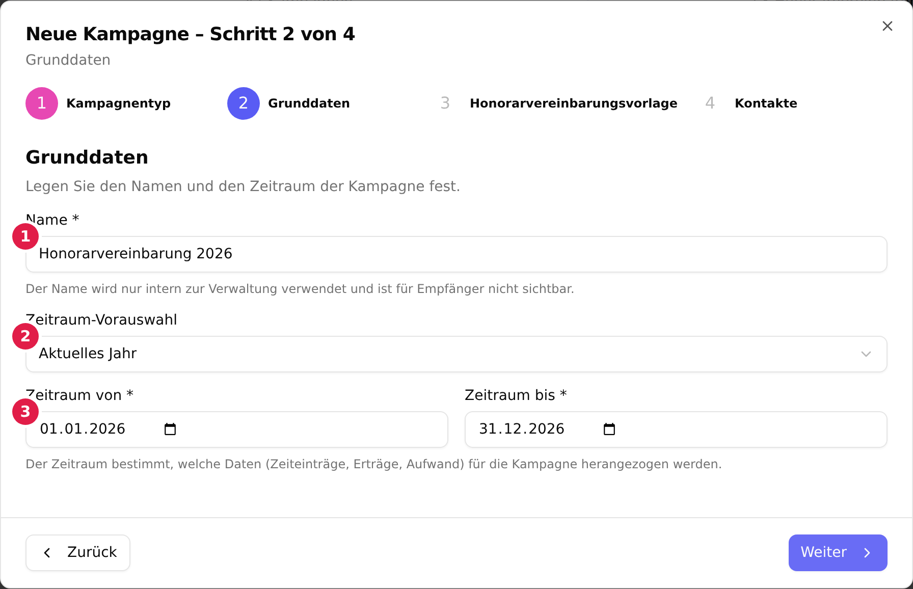 Schritt 2 des Kampagnen-Wizards mit dem Namensfeld (1), der Zeitraum-Vorauswahl (2) und dem Feld „Zeitraum von“ (3)