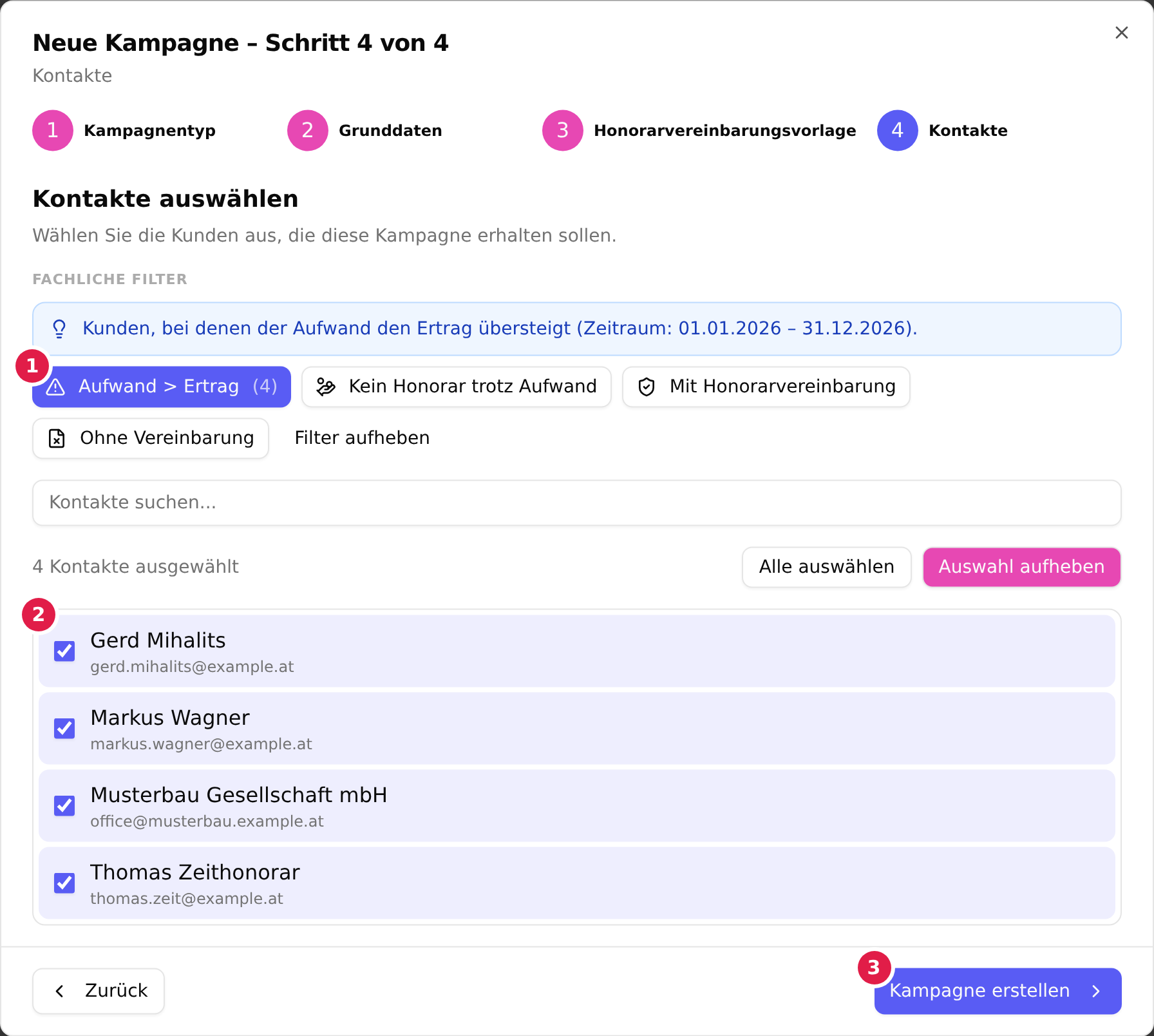 Der letzte Wizard-Schritt mit einem aktiven fachlichen Filter (1), einem ausgewählten Empfänger (2) und der Schaltfläche „Kampagne erstellen“ (3)