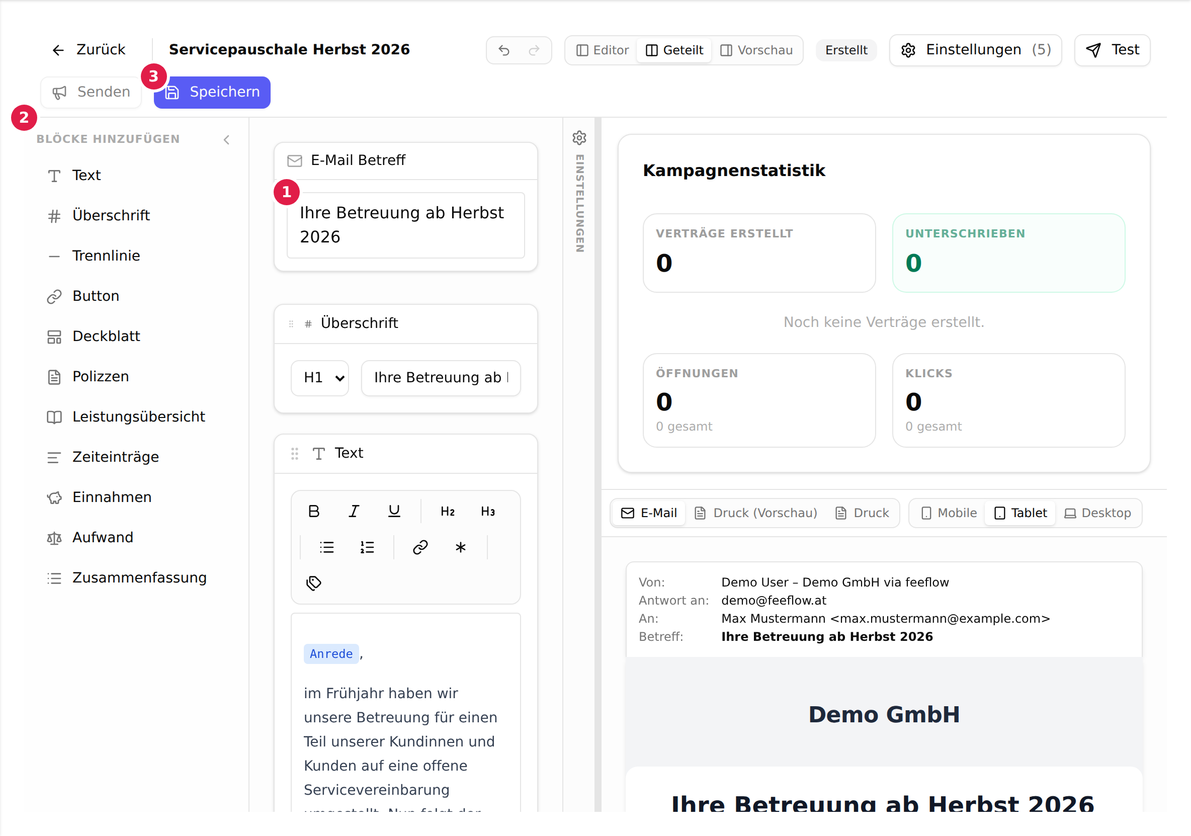 Der Kampagnen-Editor mit dem E-Mail-Betreff (1), der Blockpalette (2) und der Schaltfläche „Speichern“ (3)
