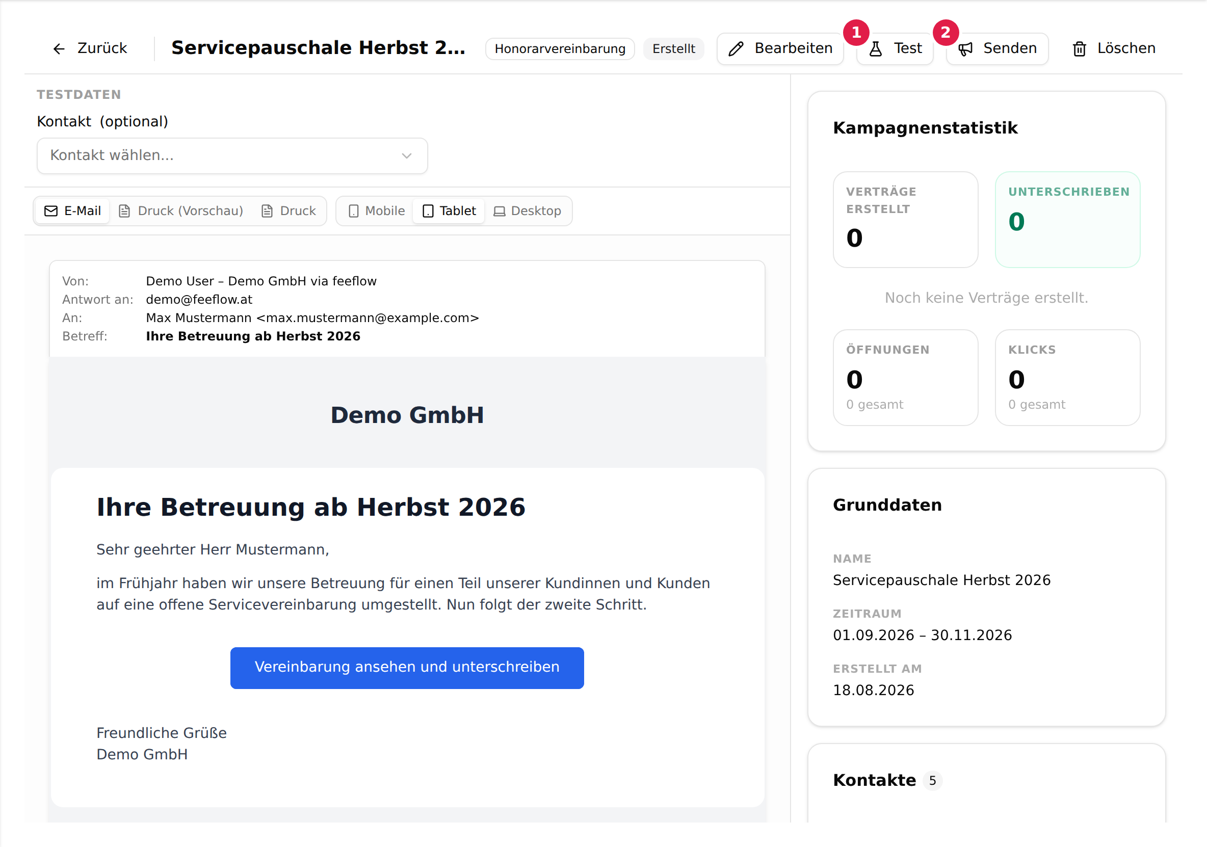 Die Detailansicht einer noch nicht versendeten Kampagne mit den markierten Schaltflächen „Test“ (1) und „Senden“ (2)