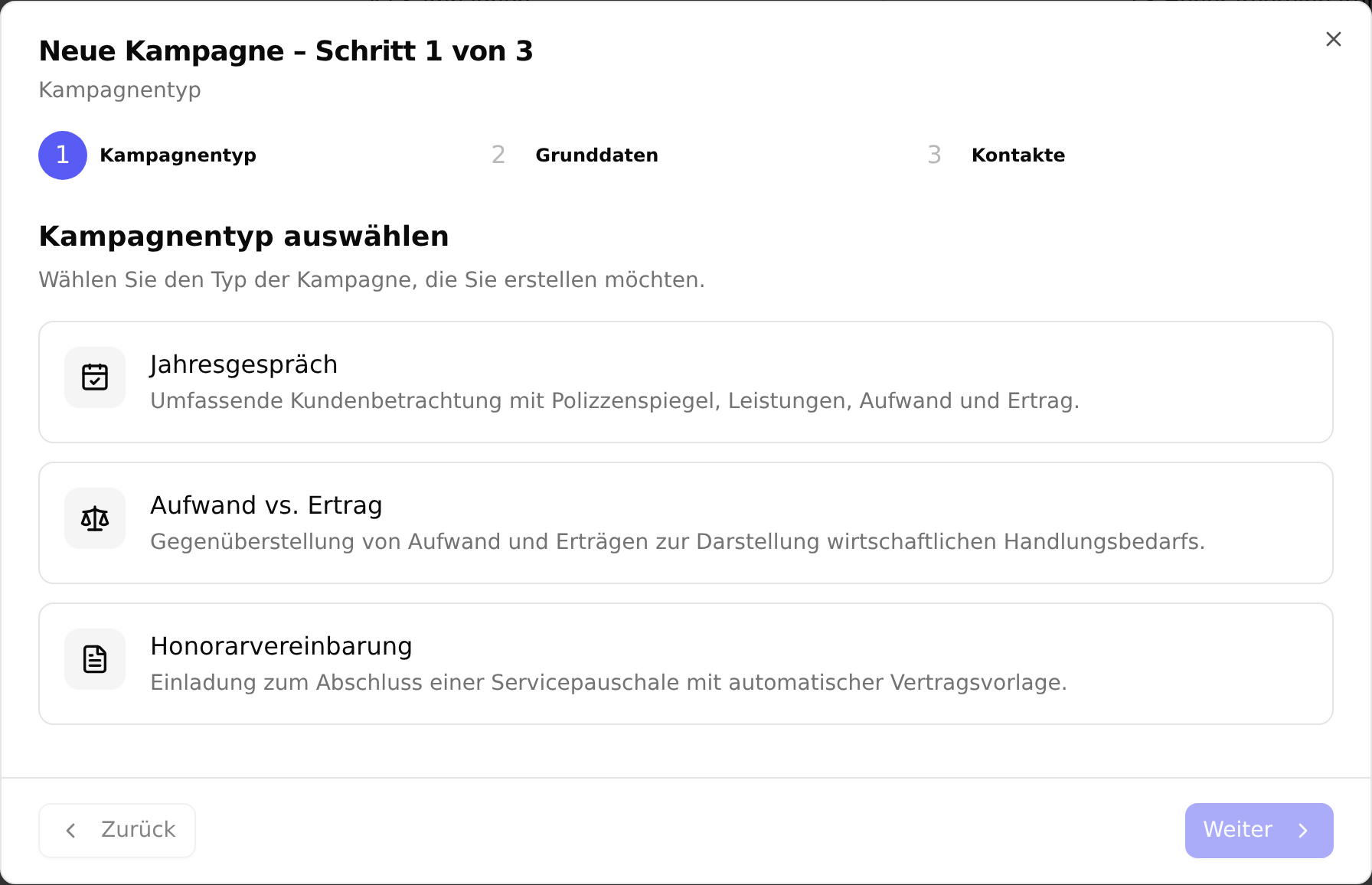 Schritt 1 des Dialogs „Neue Kampagne“ mit den drei Kampagnentypen Jahresgespräch, Aufwand vs. Ertrag und Honorarvereinbarung