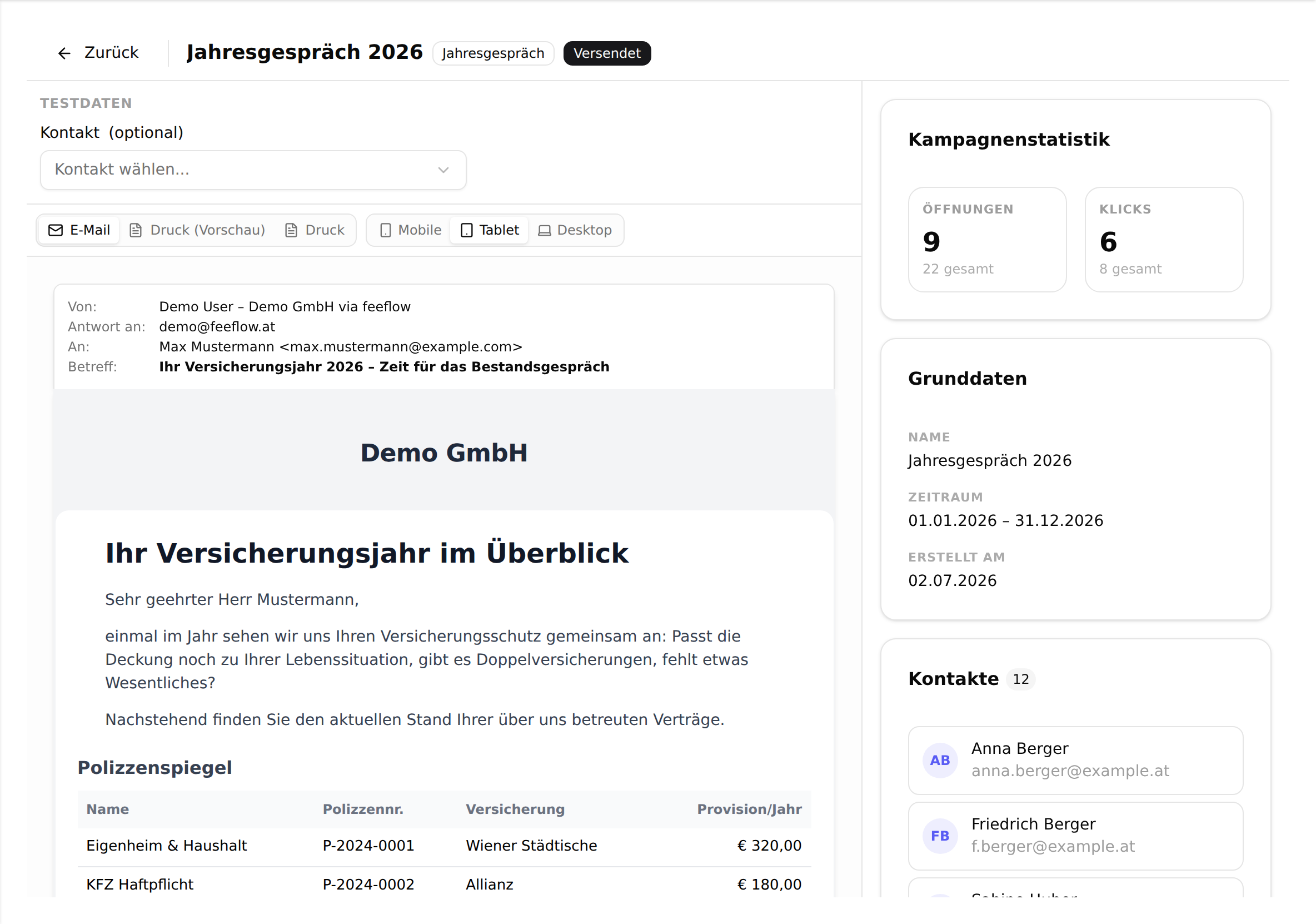 Die Detailansicht einer versendeten Kampagne: links die Vorschau der E-Mail, rechts Kampagnenstatistik, Grunddaten und die Empfängerliste