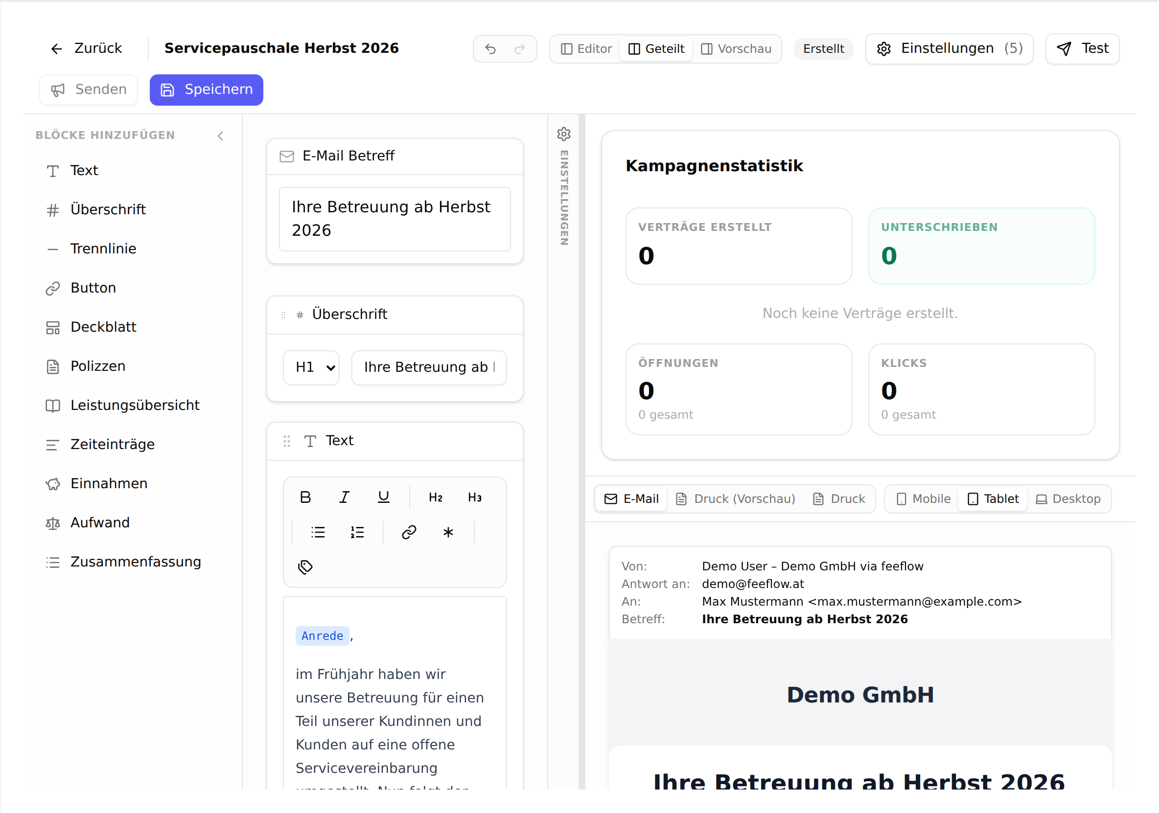 Der Kampagnen-Editor: links die Blockpalette und die Inhaltsblöcke, rechts die Live-Vorschau der E-Mail
