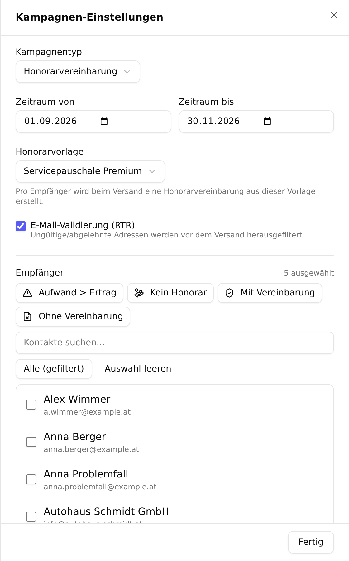 Das Panel „Kampagnen-Einstellungen“ mit Kampagnentyp, Zeitraum, Honorarvorlage, RTR-Prüfung und der Empfängerauswahl
