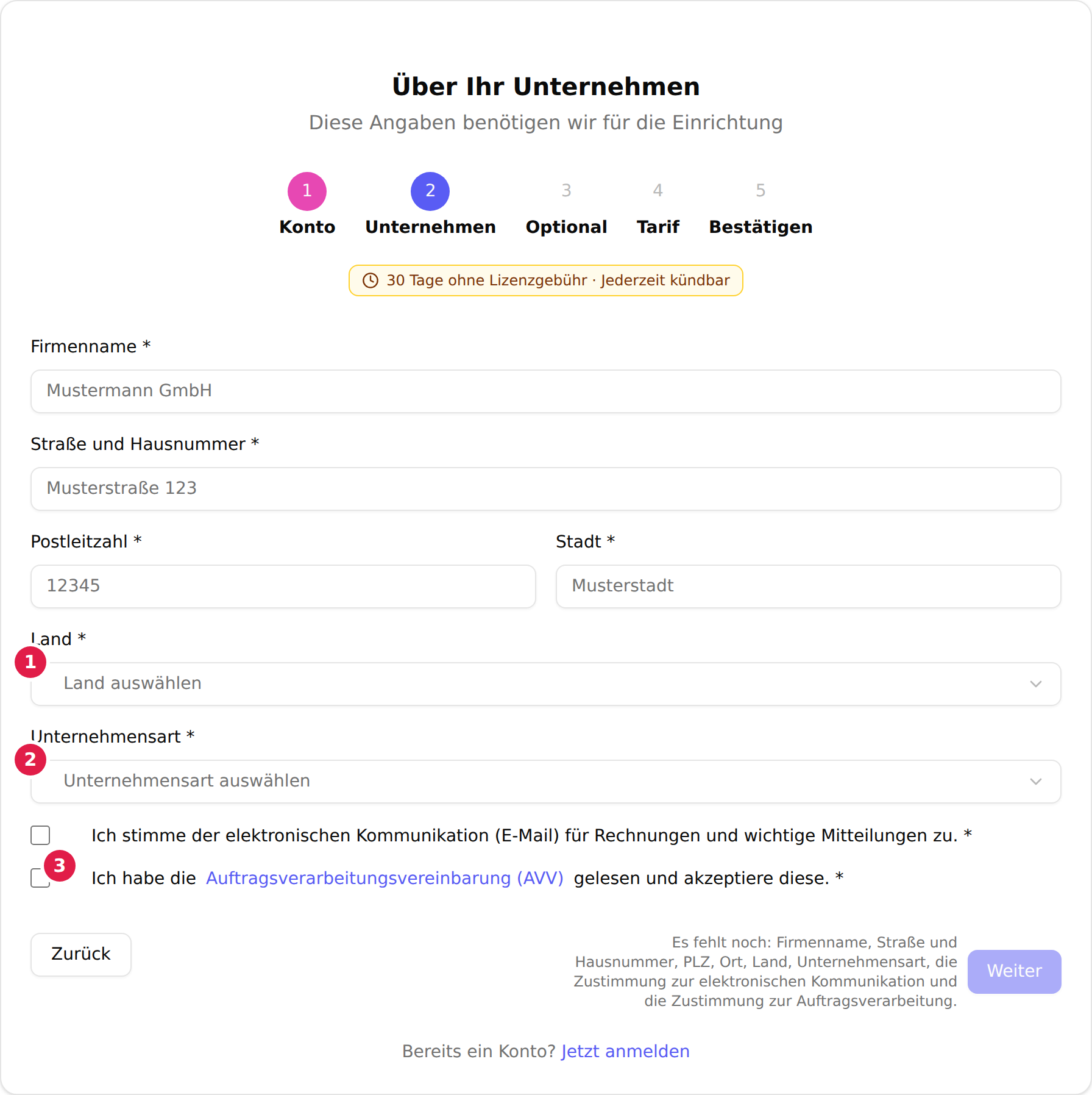 Der Registrierungsschritt „Über Ihr Unternehmen“ mit den Feldern Firmenname, Straße und Hausnummer, Postleitzahl, Stadt, dem Auswahlfeld „Land“ mit dem Platzhalter „Land auswählen“, dem Auswahlfeld „Unternehmensart“ mit dem Platzhalter „Unternehmensart auswählen“ und den beiden Häkchen für elektronische Kommunikation und Auftragsverarbeitungsvereinbarung; das Land ist mit 1, die Unternehmensart mit 2 und das AVV-Häkchen mit 3 markiert