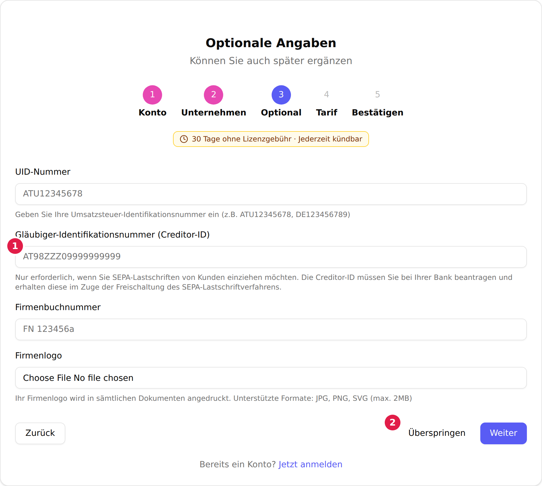 Der Registrierungsschritt „Optionale Angaben“ mit den leeren Feldern UID-Nummer, Gläubiger-Identifikationsnummer (Creditor-ID), Firmenbuchnummer und Firmenlogo sowie den Schaltflächen Zurück, Überspringen und Weiter; das Feld für die Gläubiger-Identifikationsnummer ist mit 1 und die Schaltfläche „Überspringen“ mit 2 markiert