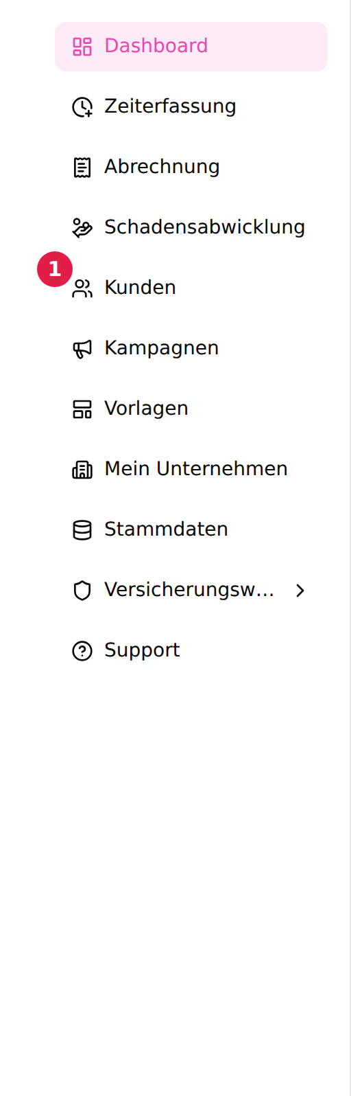 Der Menüpunkt Kunden in der Hauptnavigation, mit einer 1 markiert