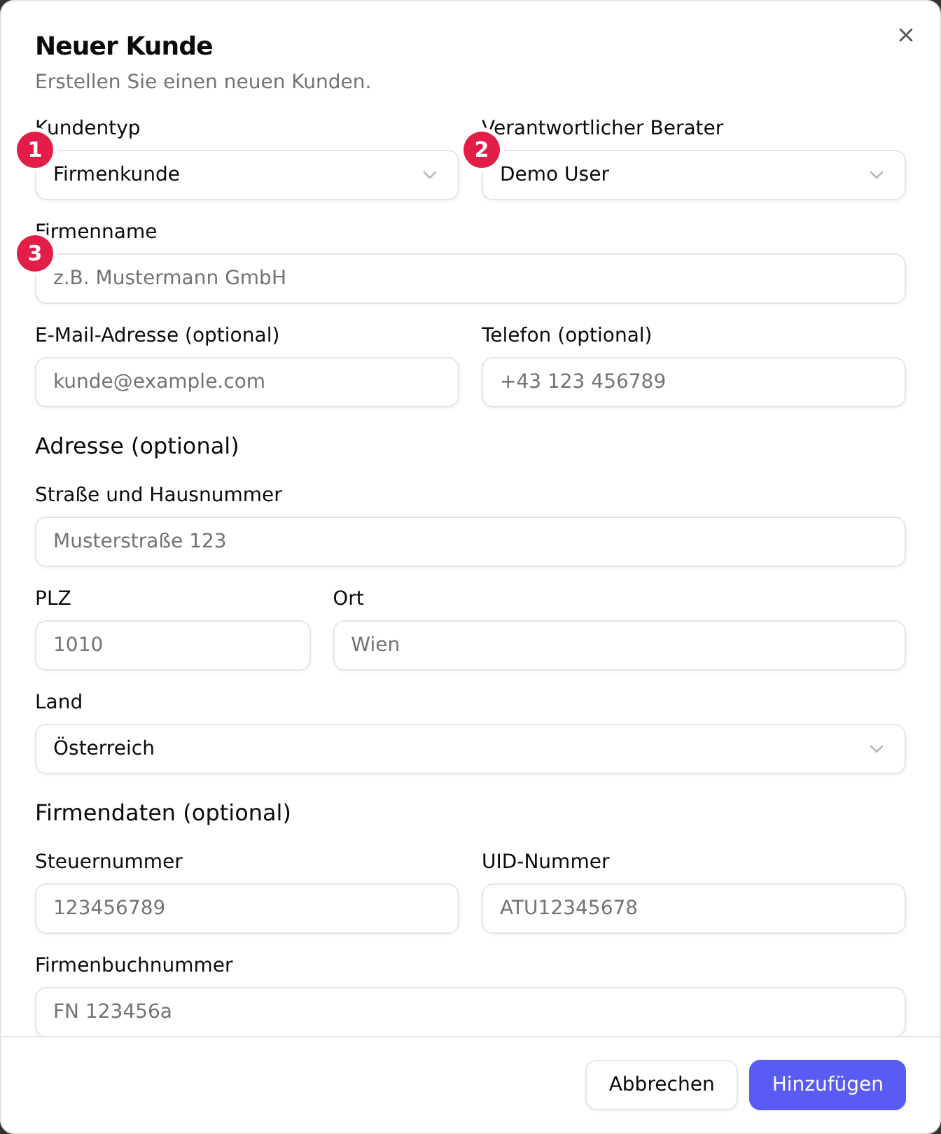 Der Dialog „Neuer Kunde“: Kundentyp mit 1, Verantwortlicher Berater mit 2 und Firmenname mit 3 markiert