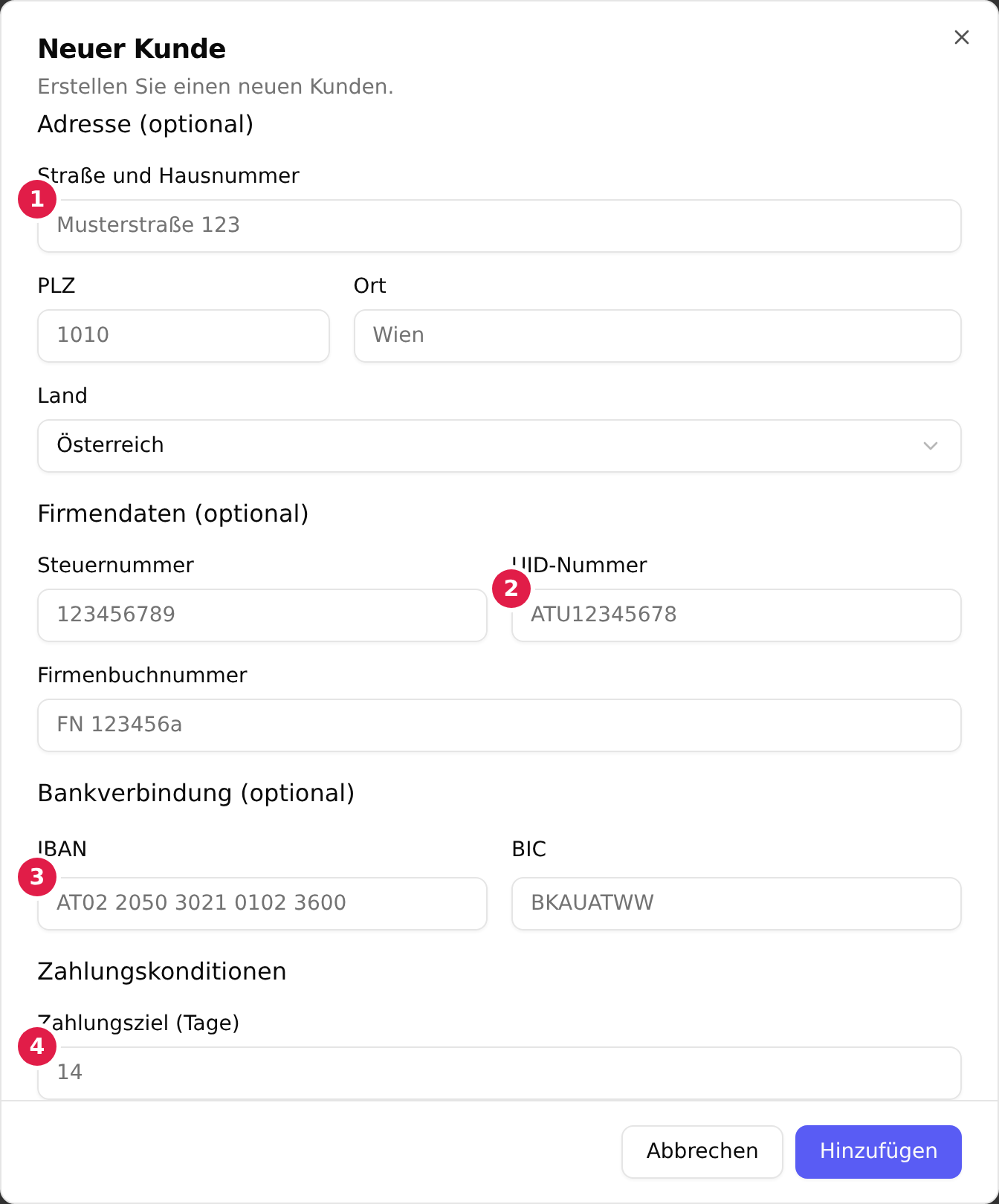 Der untere Teil des Dialogs: Straße mit 1, UID-Nummer mit 2, IBAN mit 3 und Zahlungsziel mit 4 markiert