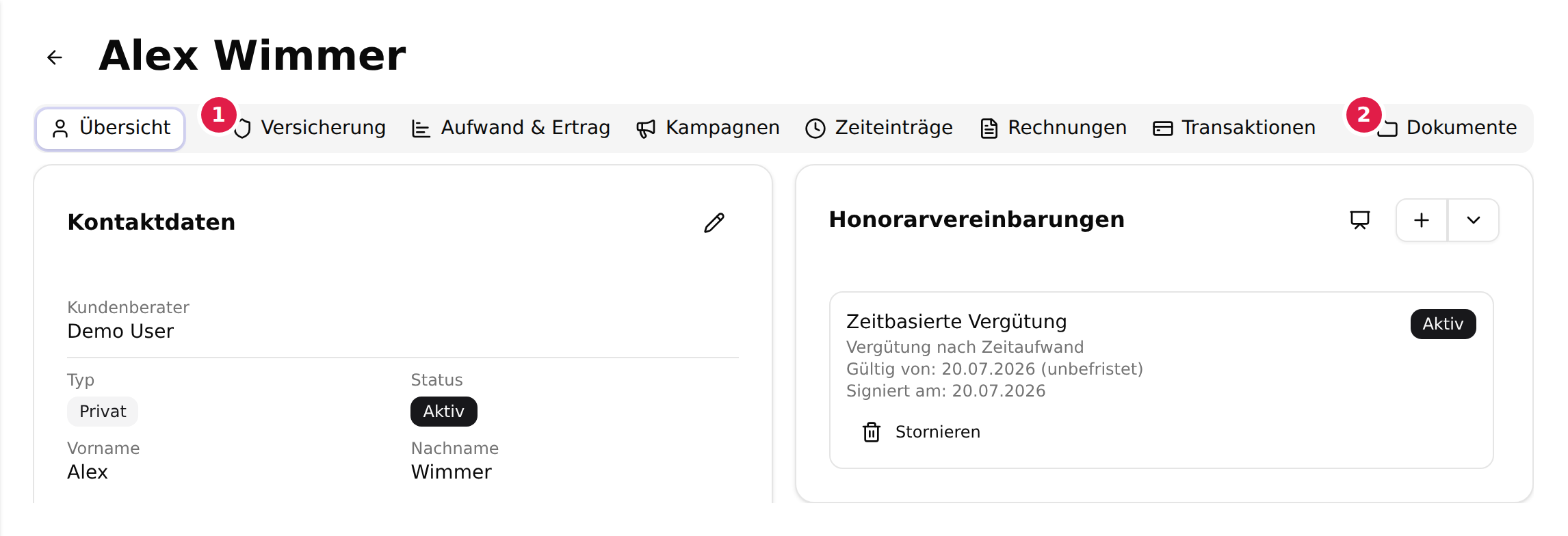 Die Kundenakte mit ihrer Reiterleiste; der Reiter Versicherung ist mit 1, der Reiter Dokumente mit 2 markiert