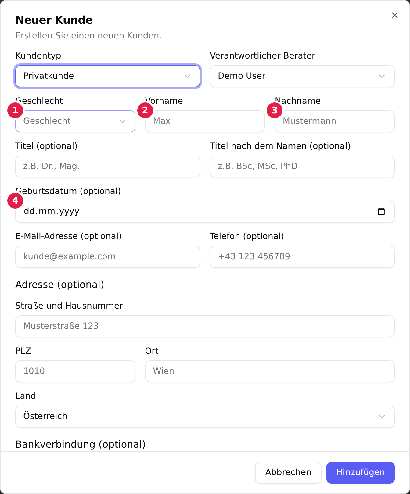 Der Dialog „Neuer Kunde“ als Privatkunde: Geschlecht mit 1, Vorname mit 2, Nachname mit 3 und Geburtsdatum mit 4 markiert; dazwischen die Felder Titel und Titel nach dem Namen