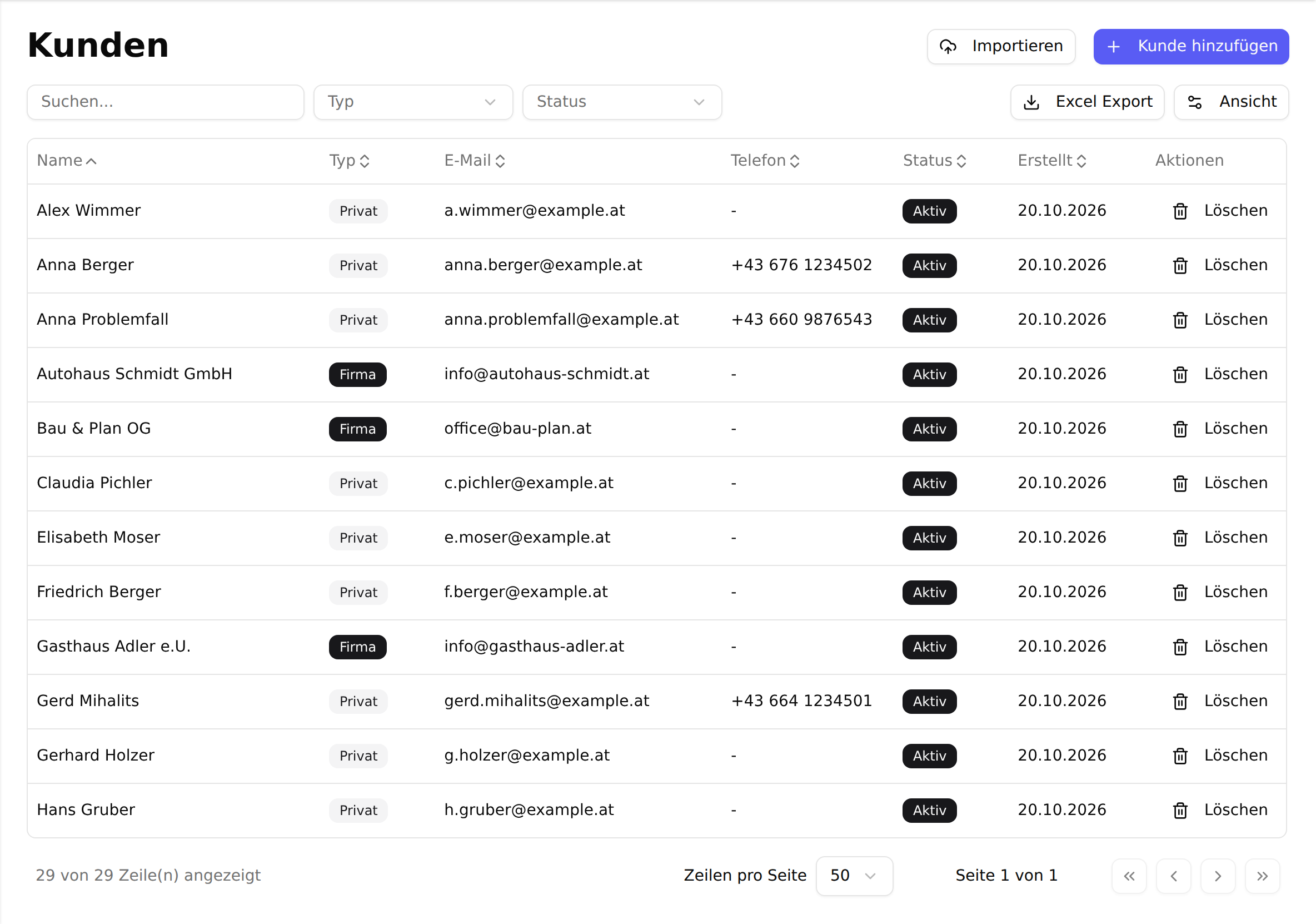 Die Kundenliste mit den Spalten Name, Typ, E-Mail, Telefon, Status und Erstellt, den Filtern Typ und Status sowie dem Button „Kunde hinzufügen“