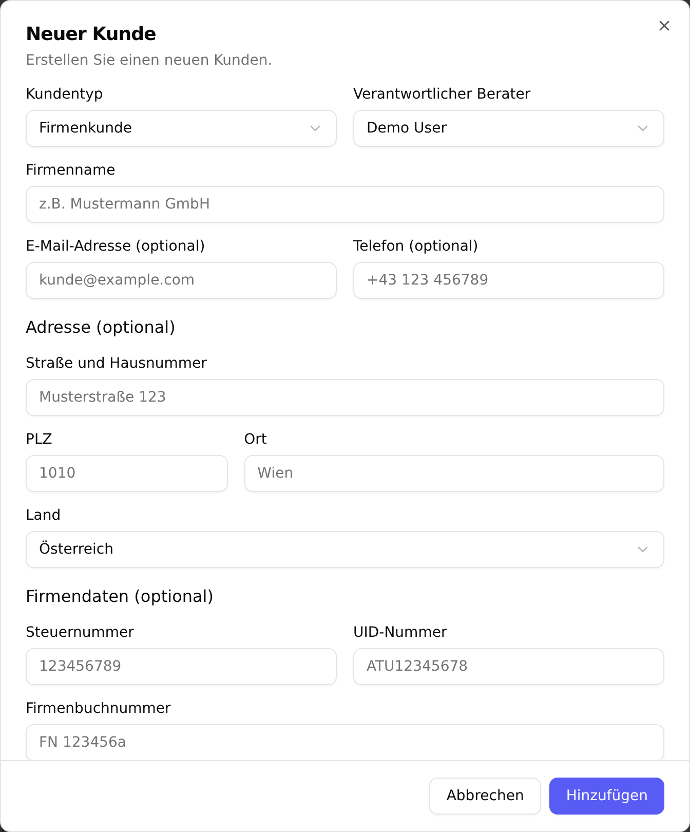 Der Dialog „Neuer Kunde“ mit den Feldern Kundentyp, Verantwortlicher Berater, Firmenname, E-Mail-Adresse, Telefon, Adresse und Firmendaten