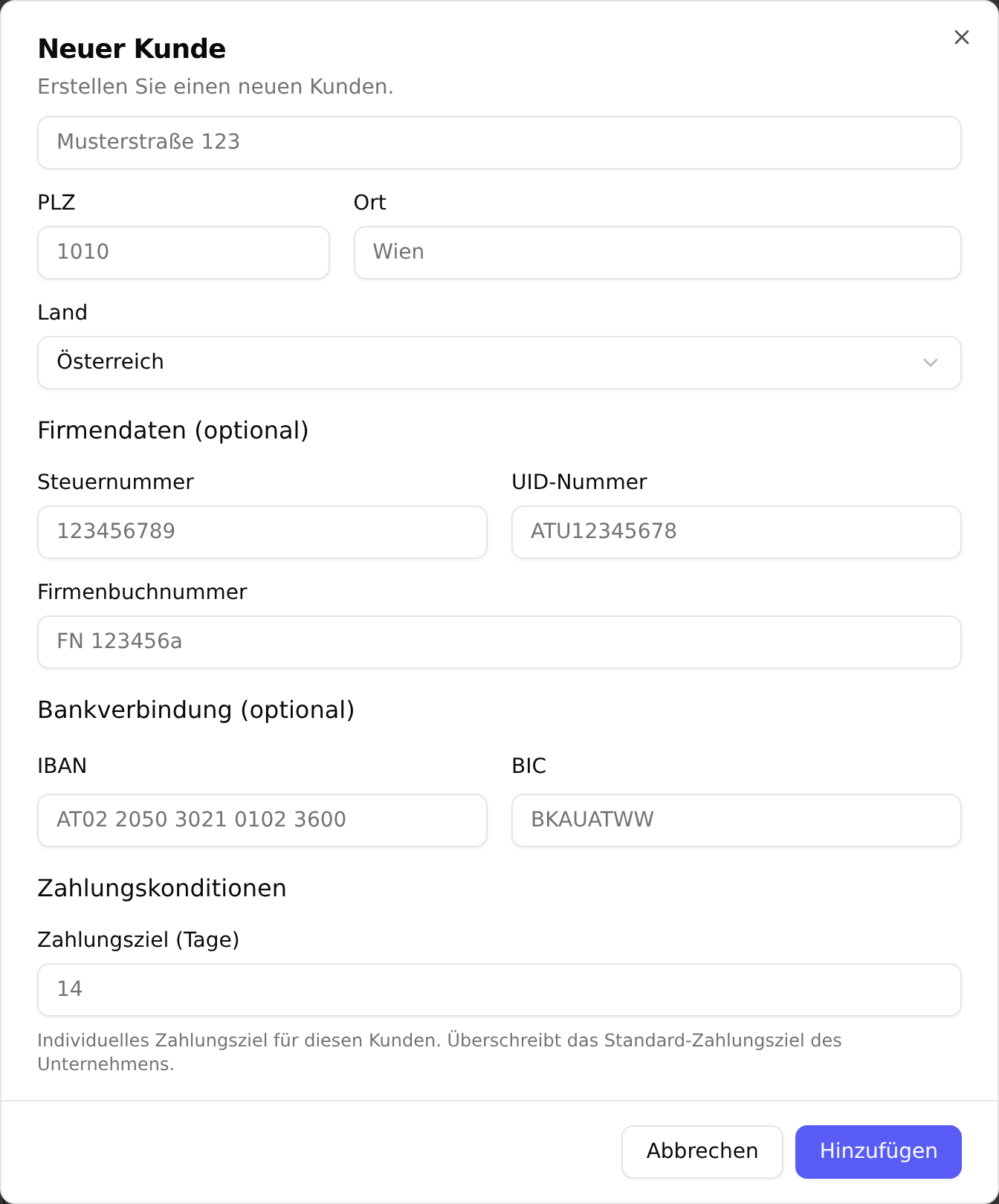Der untere Teil des Dialogs „Neuer Kunde“ mit den Abschnitten Bankverbindung (IBAN, BIC) und Zahlungskonditionen (Zahlungsziel in Tagen)