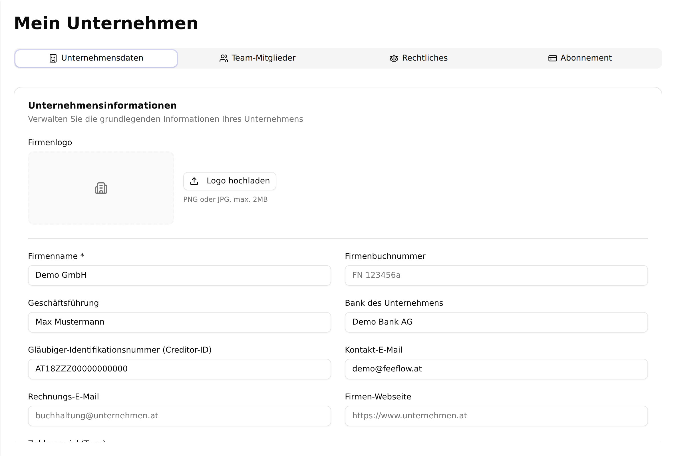Der Reiter Unternehmensdaten mit dem Platzhalter für das Firmenlogo und den Feldern Firmenname, Firmenbuchnummer, Geschäftsführung, Bank, Gläubiger-Identifikationsnummer und E-Mail-Adressen