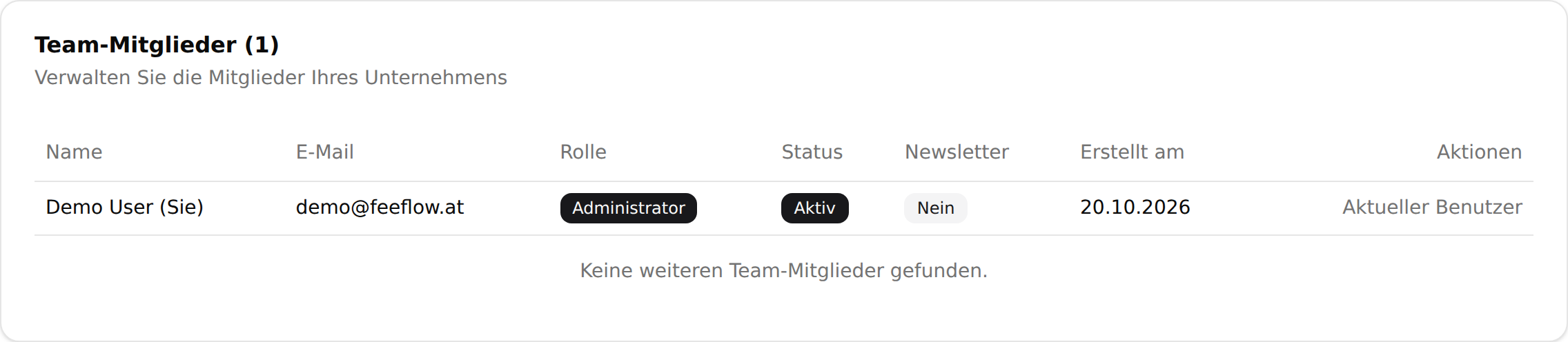 Die Karte Team-Mitglieder mit einer Tabelle aus Name, E-Mail, Rolle, Status, Newsletter und Erstellungsdatum; der eigene Zugang ist als aktueller Benutzer gekennzeichnet