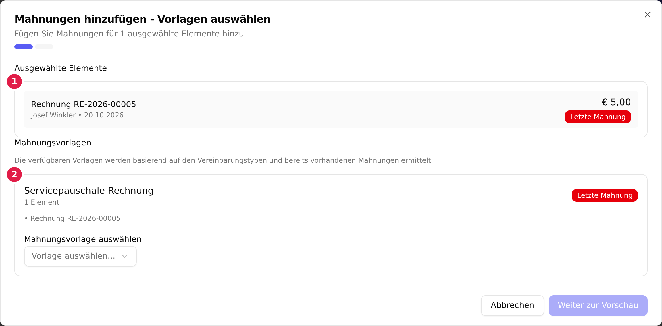 Der Dialog „Mahnungen hinzufügen – Vorlagen auswählen“ mit dem mit 1 markierten Block „Ausgewählte Elemente“ samt Mahnstufe und der mit 2 markierten Auswahlliste „Mahnungsvorlage auswählen“