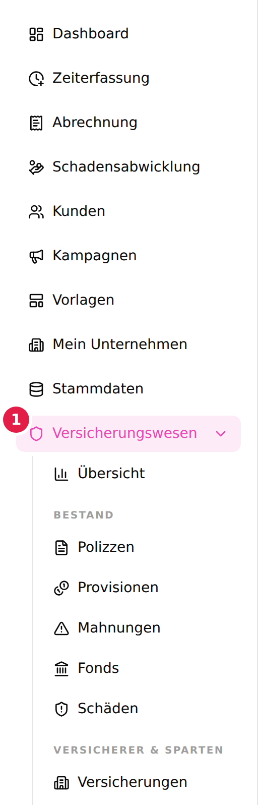 Die Hauptnavigation mit der aufgeklappten Gruppe Versicherungswesen; die Gruppe ist mit einer 1, der Eintrag Datenlieferungen im Abschnitt Datenquellen mit einer 2 markiert