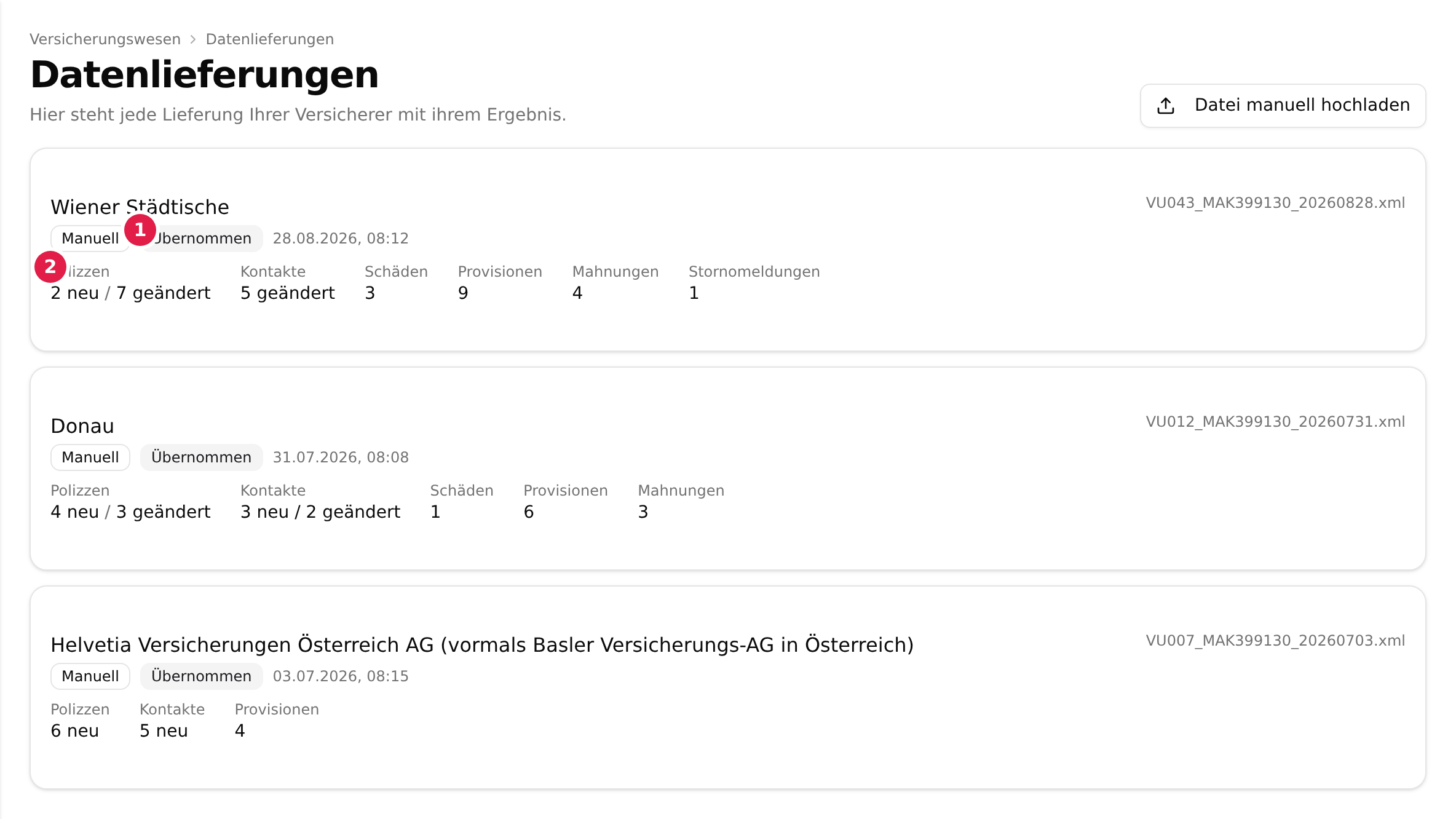 Die Liste der Datenlieferungen mit drei Karten; der Status „Übernommen“ der obersten Karte ist mit 1, ihre Kennzahlen sind mit 2 markiert